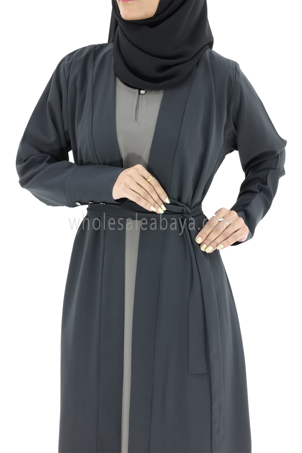 2 In One Front Open Abaya With Inner Slip Dress Silver Grey Colour