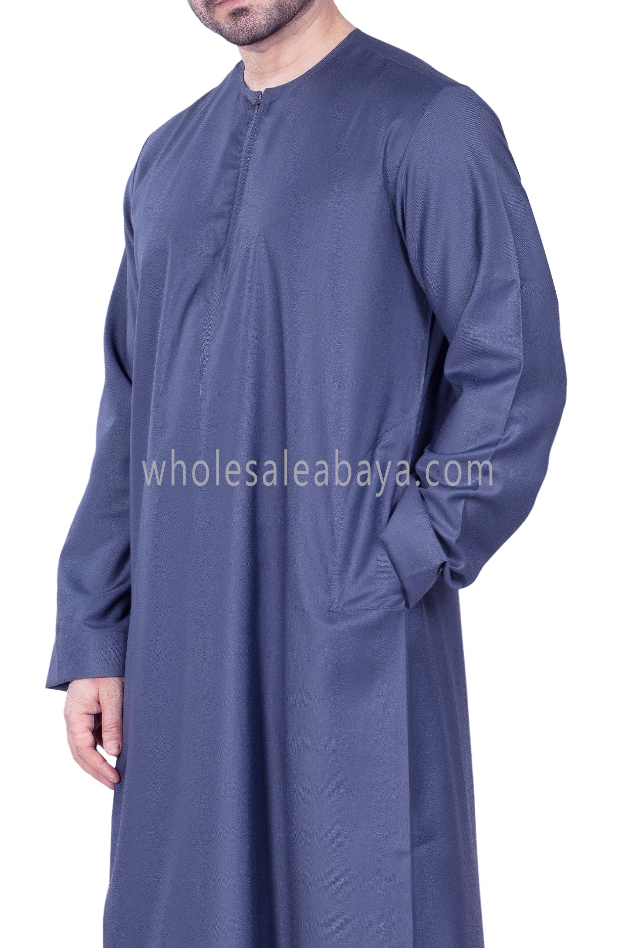 Men's Classic Plain Omani Thoube With Front Zip Blue Grey