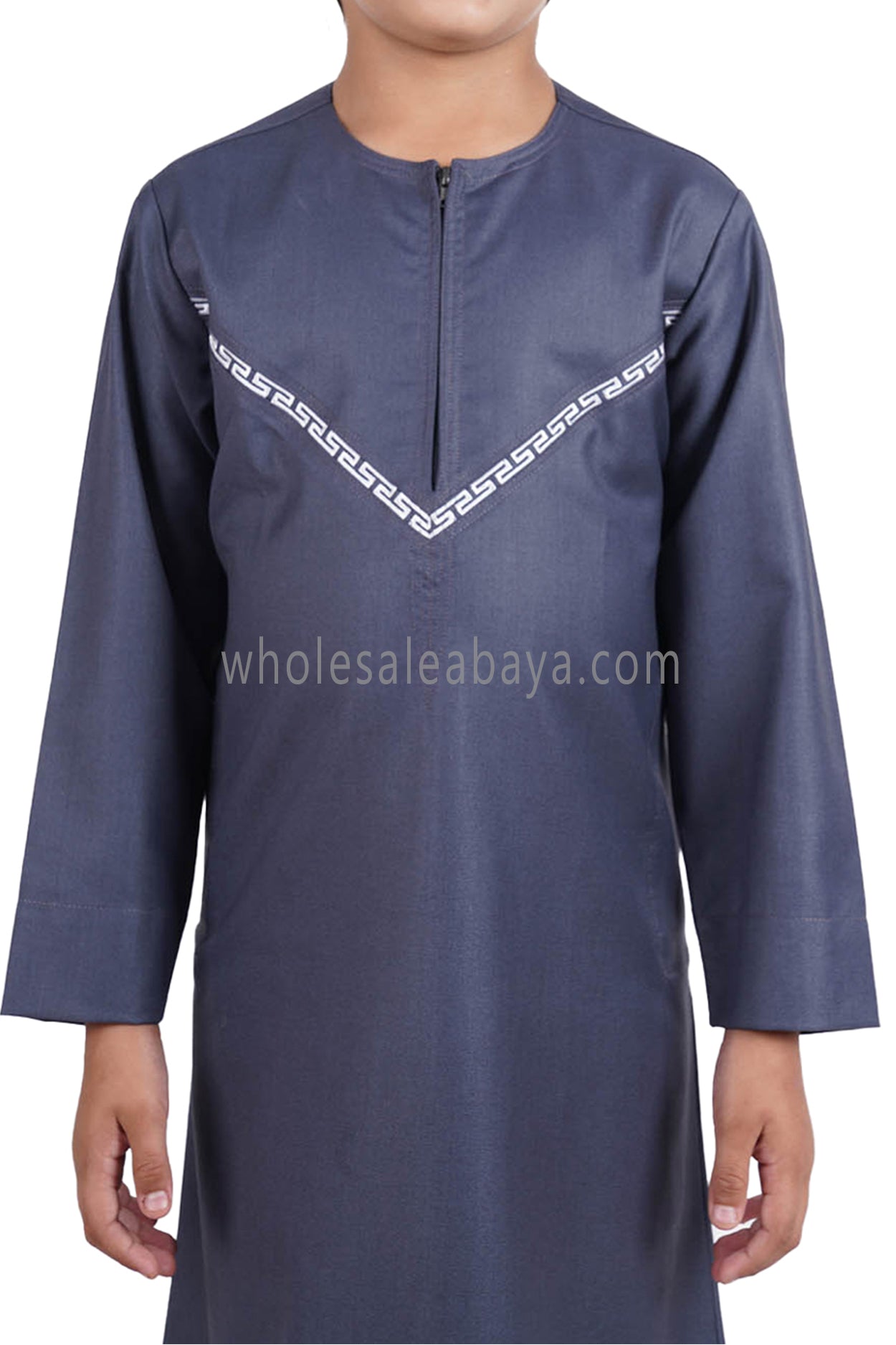 Boy's Premium Omani Thoube with Embroidered "V" Stitching Blue Grey