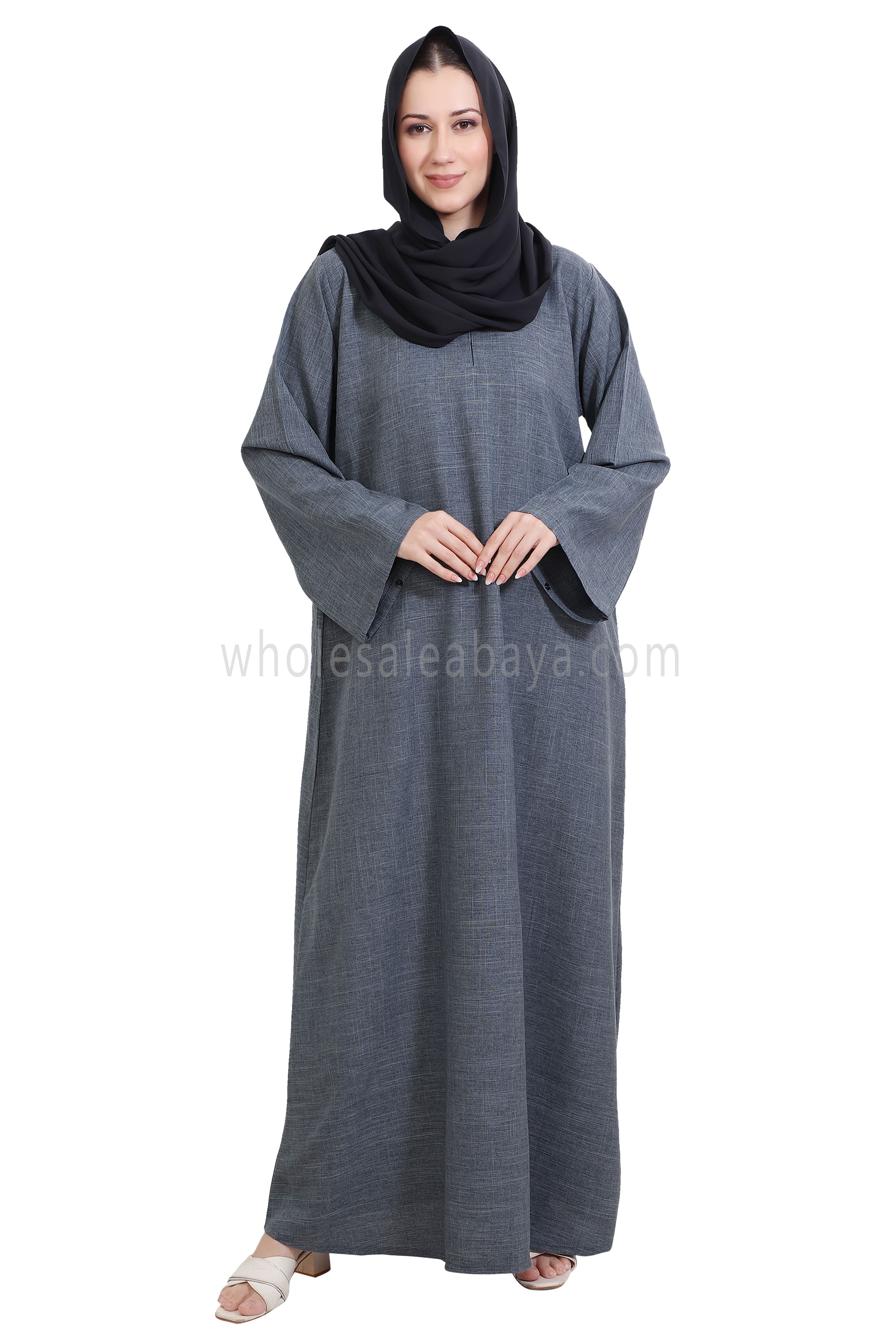 Melange Linen Closed Abaya With Wide Sleeves
