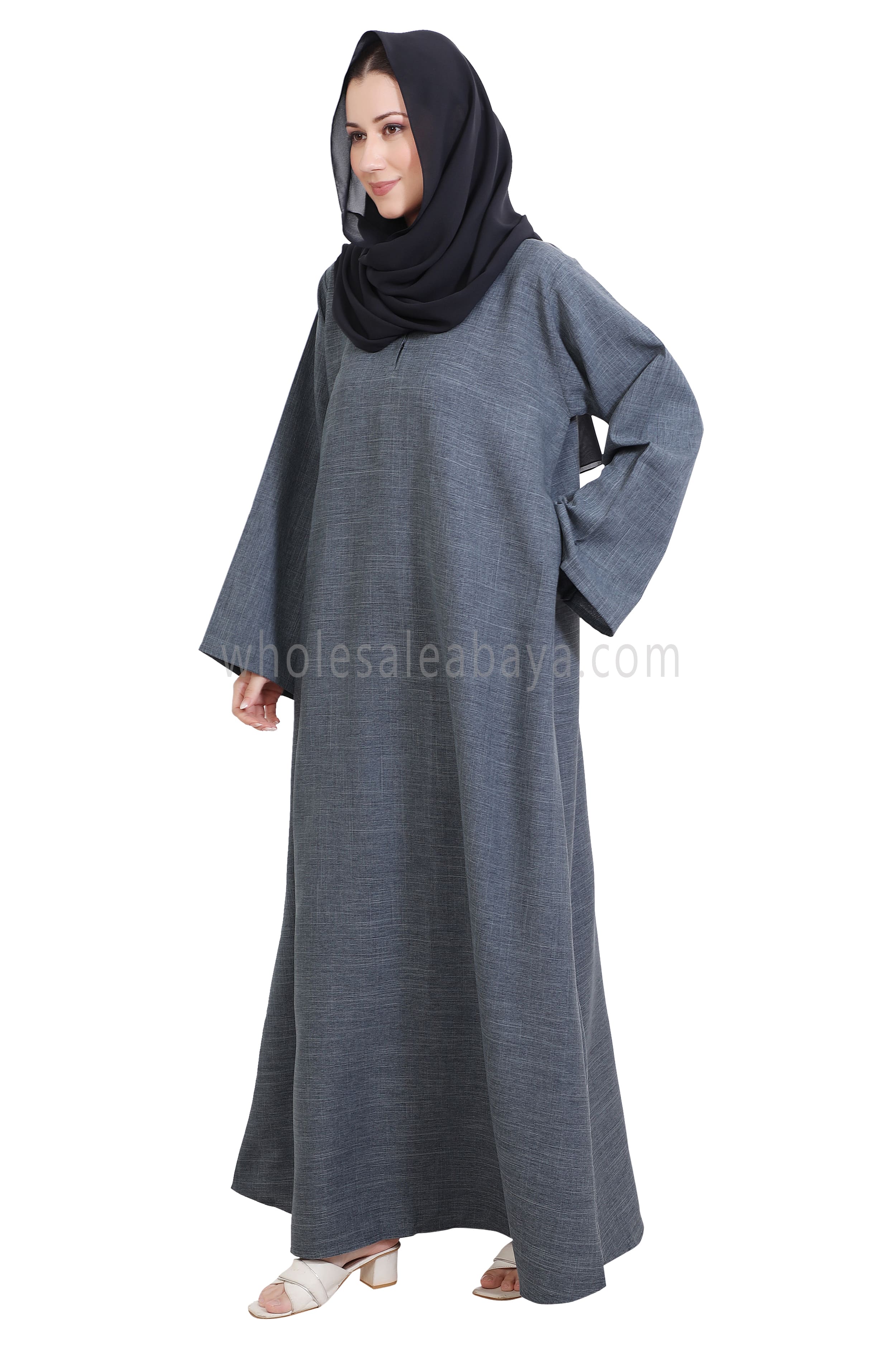 Melange Linen Closed Abaya With Wide Sleeves