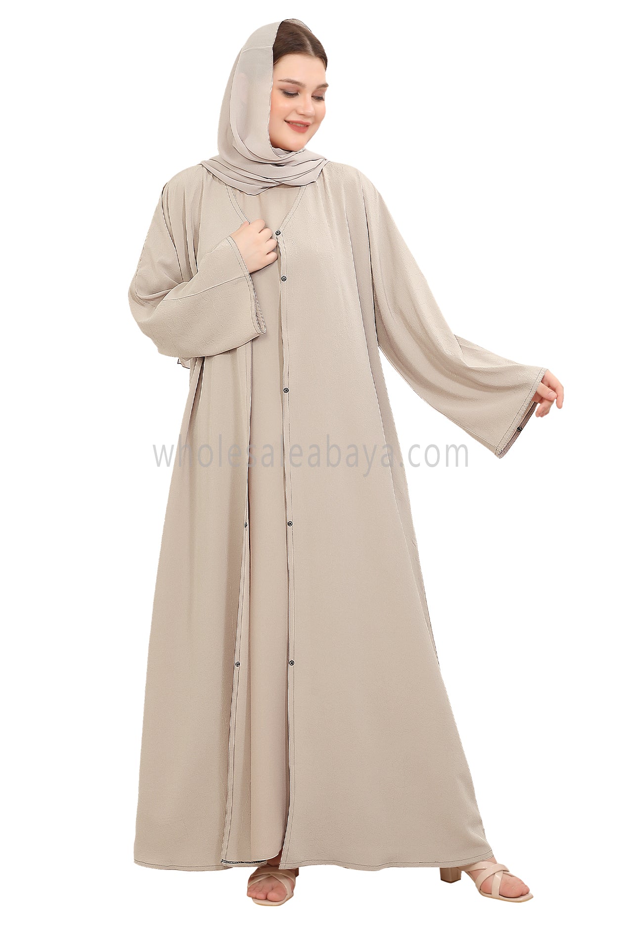 Front Open Abaya with Buttons Closure in Arwa Crush Crepe Beige 30051