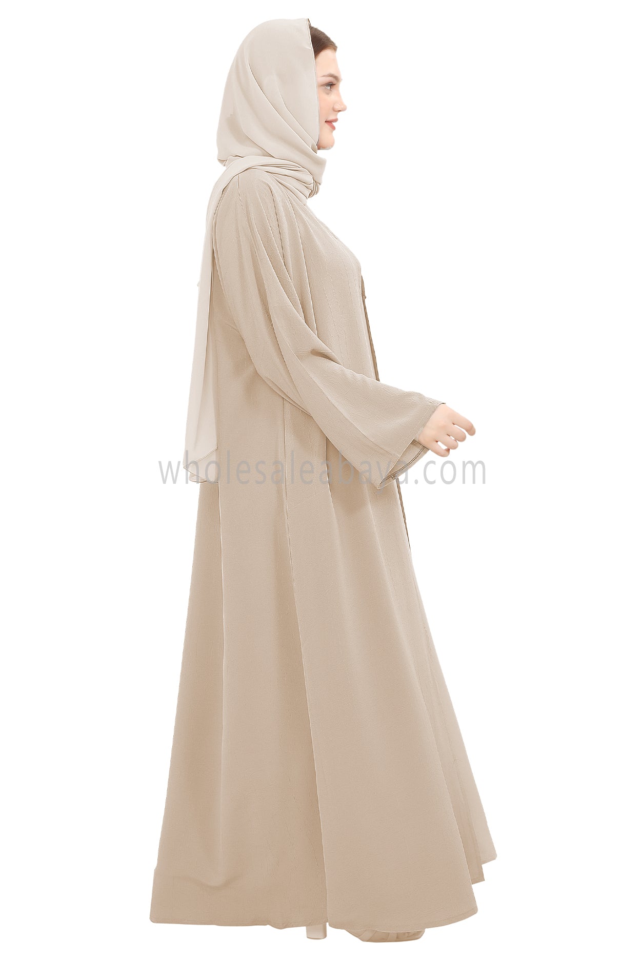 Front Open Abaya with Buttons Closure in Arwa Crush Crepe Beige 30051