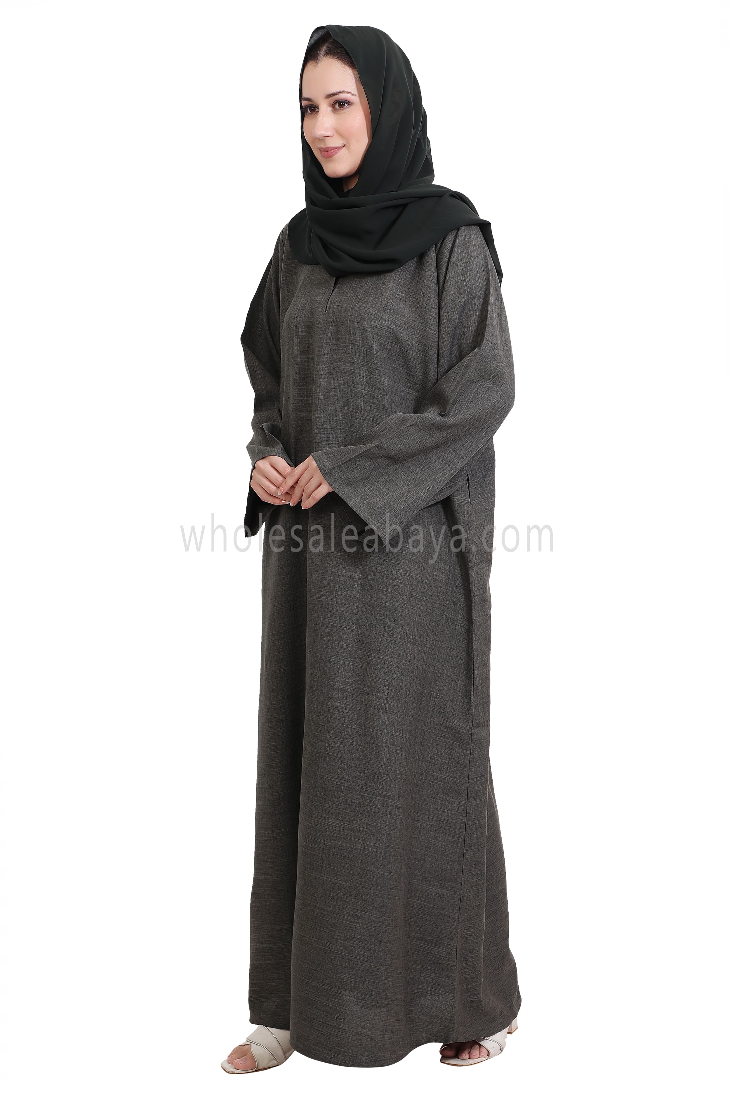 Melange Linen Closed Abaya With Wide Sleeves