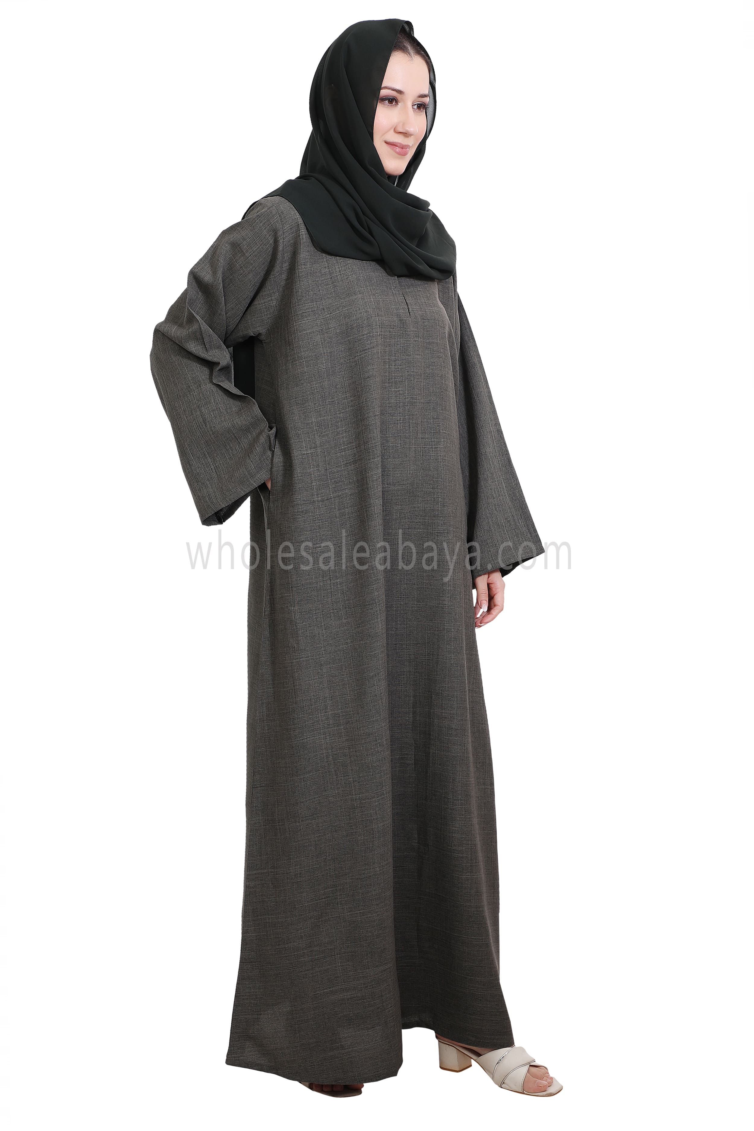 Melange Linen Closed Abaya With Wide Sleeves