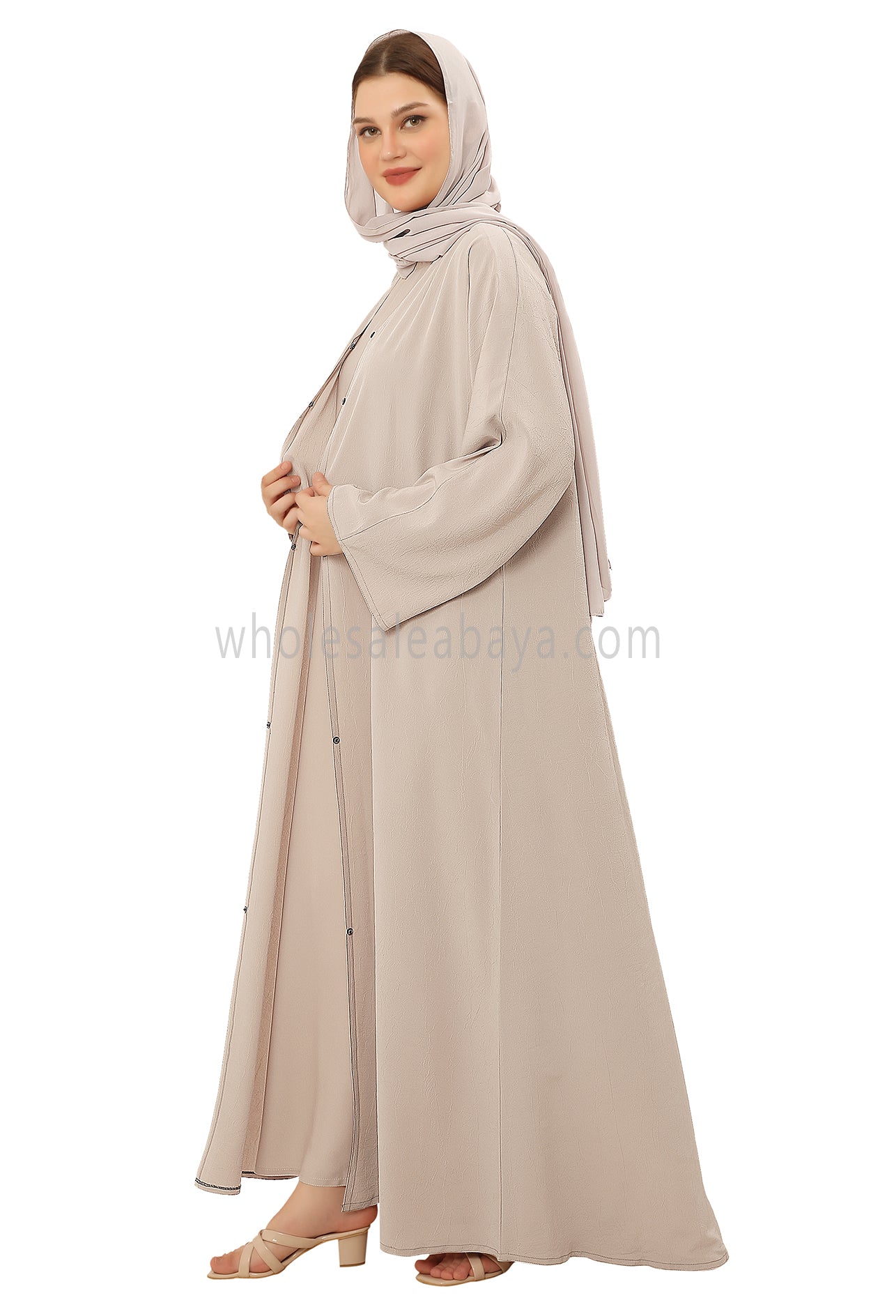 Front Open Abaya with Buttons Closure in Arwa Crush Crepe Beige 30051