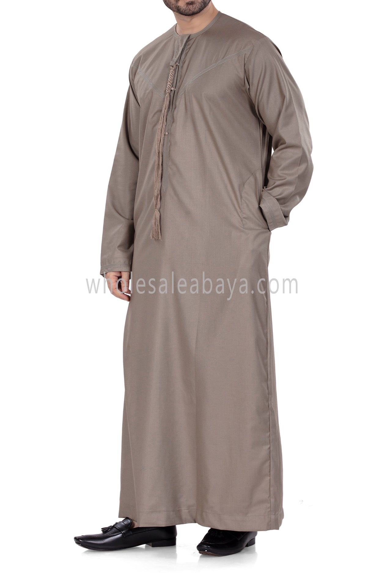 Men's Premium Emirati Thoube With Buttons & Tassel Stone Beige