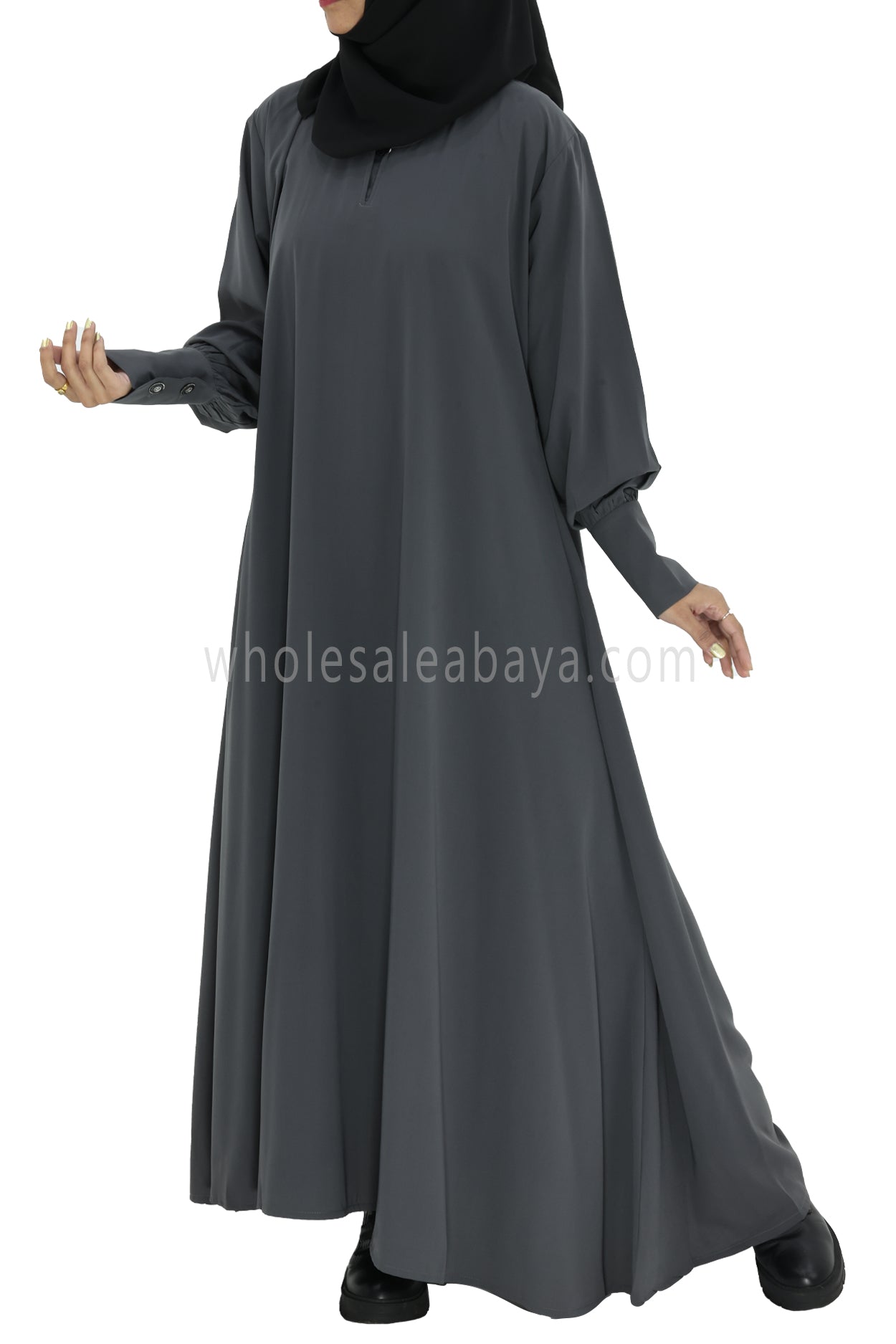 Women's Umbrella Abaya with Cuffed Sleeves Charcoal Grey