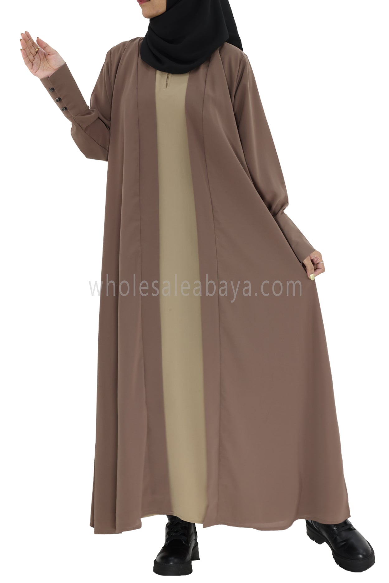 2 In One Front Open Abaya With Inner Slip Taupe Brown