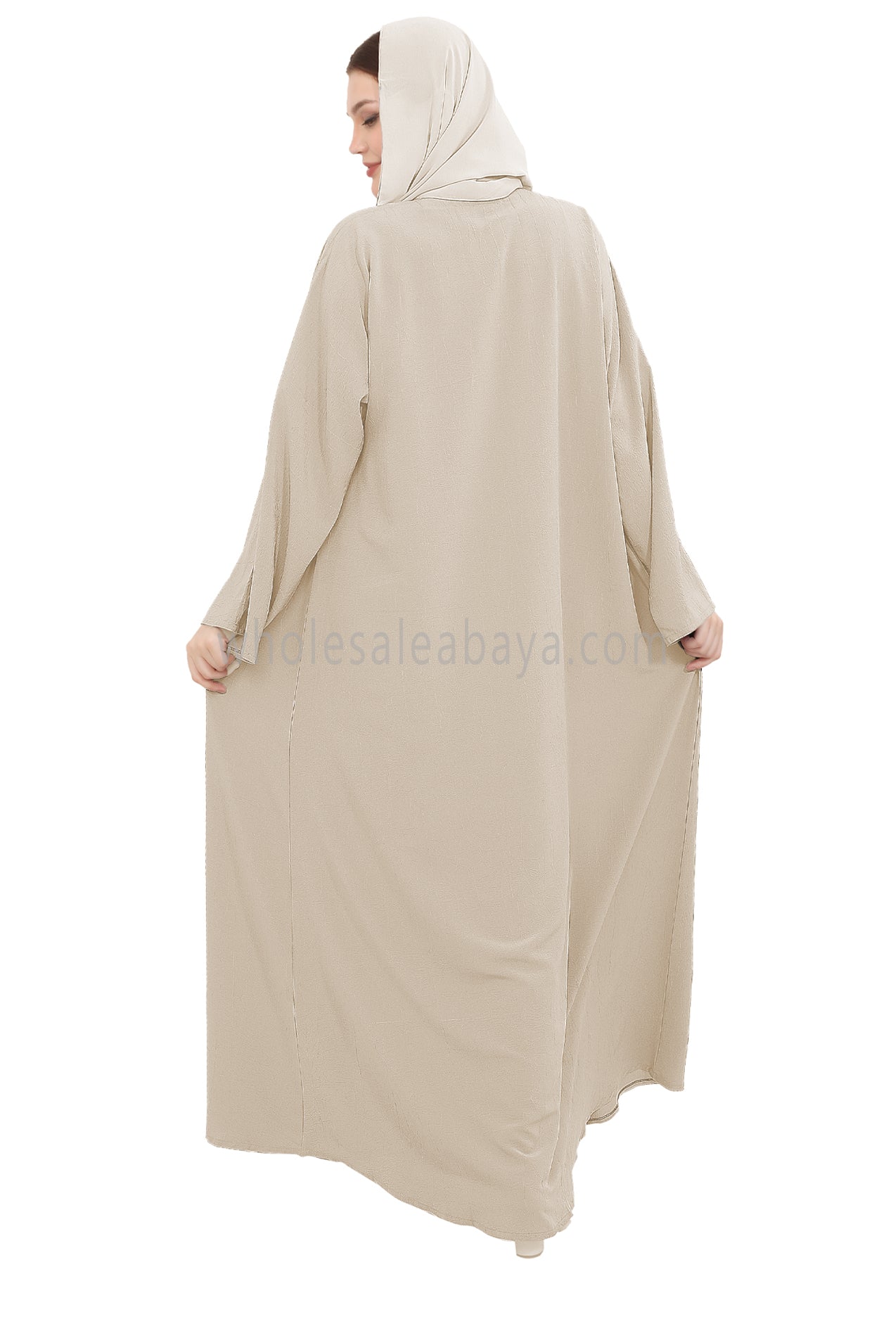 Front Open Abaya with Buttons Closure in Arwa Crush Crepe Beige 30051