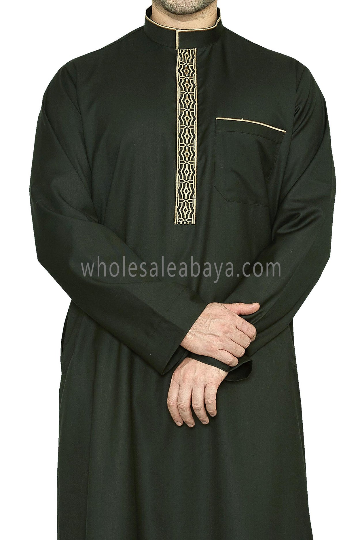 Elegant Men's Collar Thoube With Embroidery Khaki Green