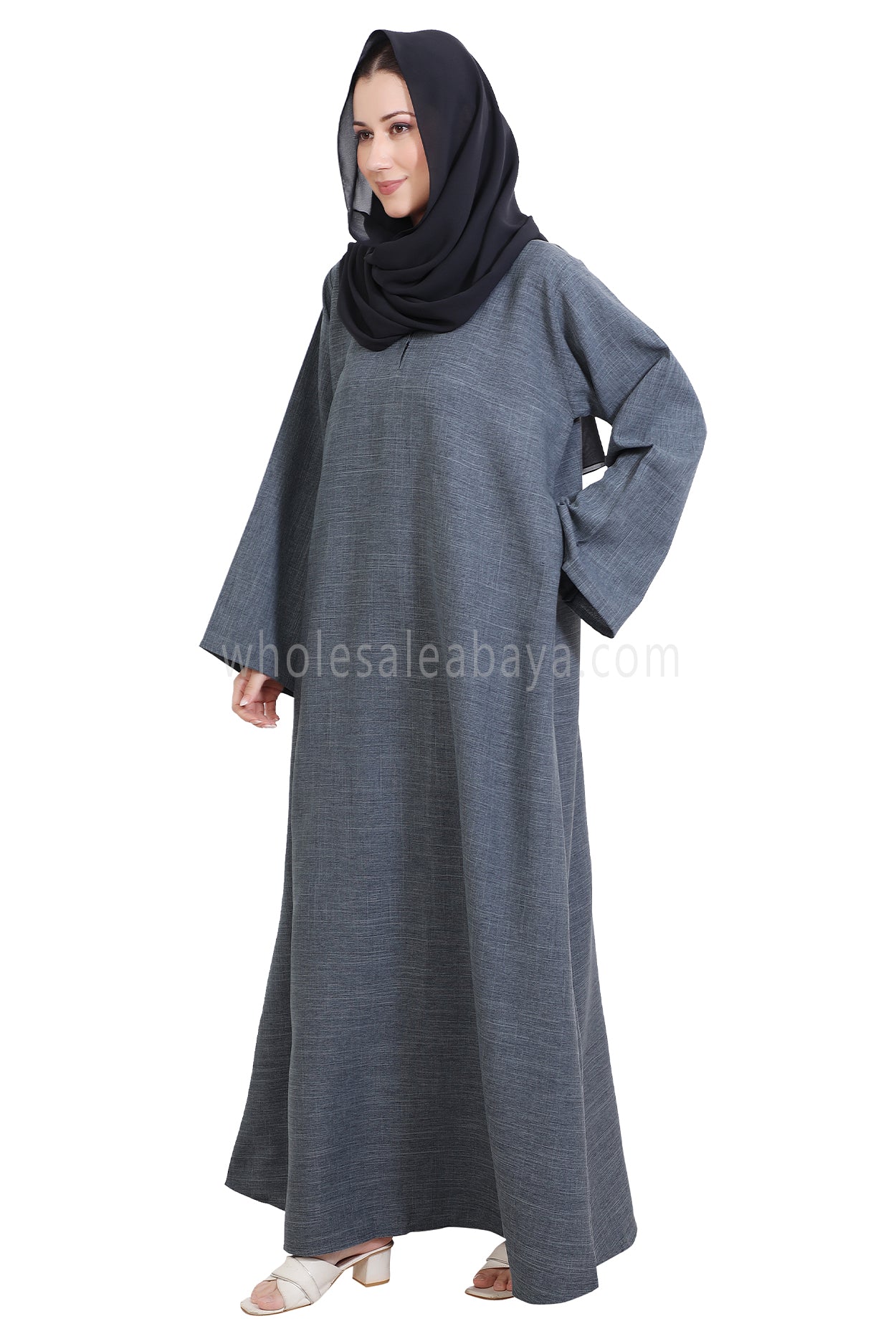 Melange Linen Closed Abaya With Wide Sleeves