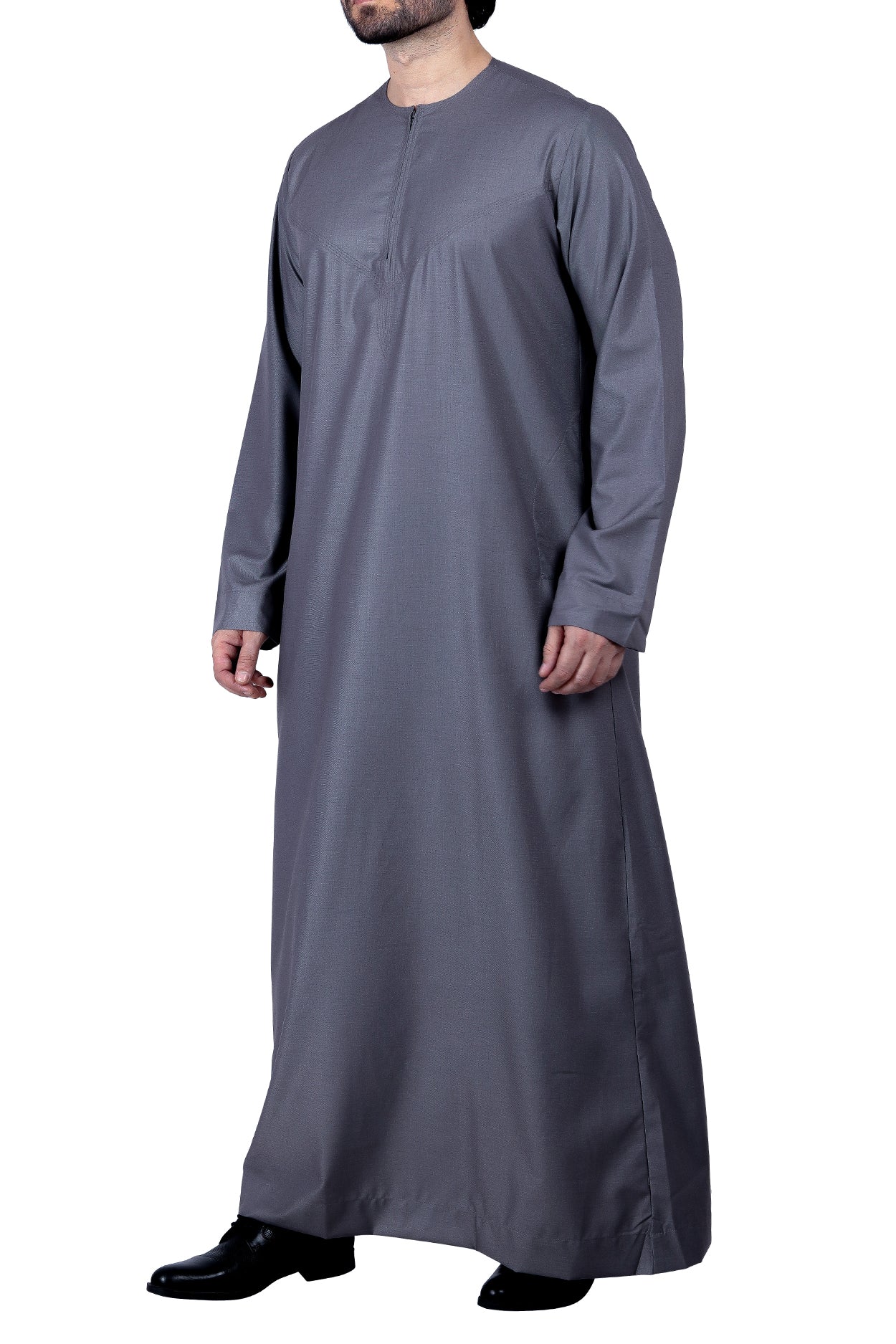 Men's Classic Plain Omani Thoube With Front Zip Charcoal Grey