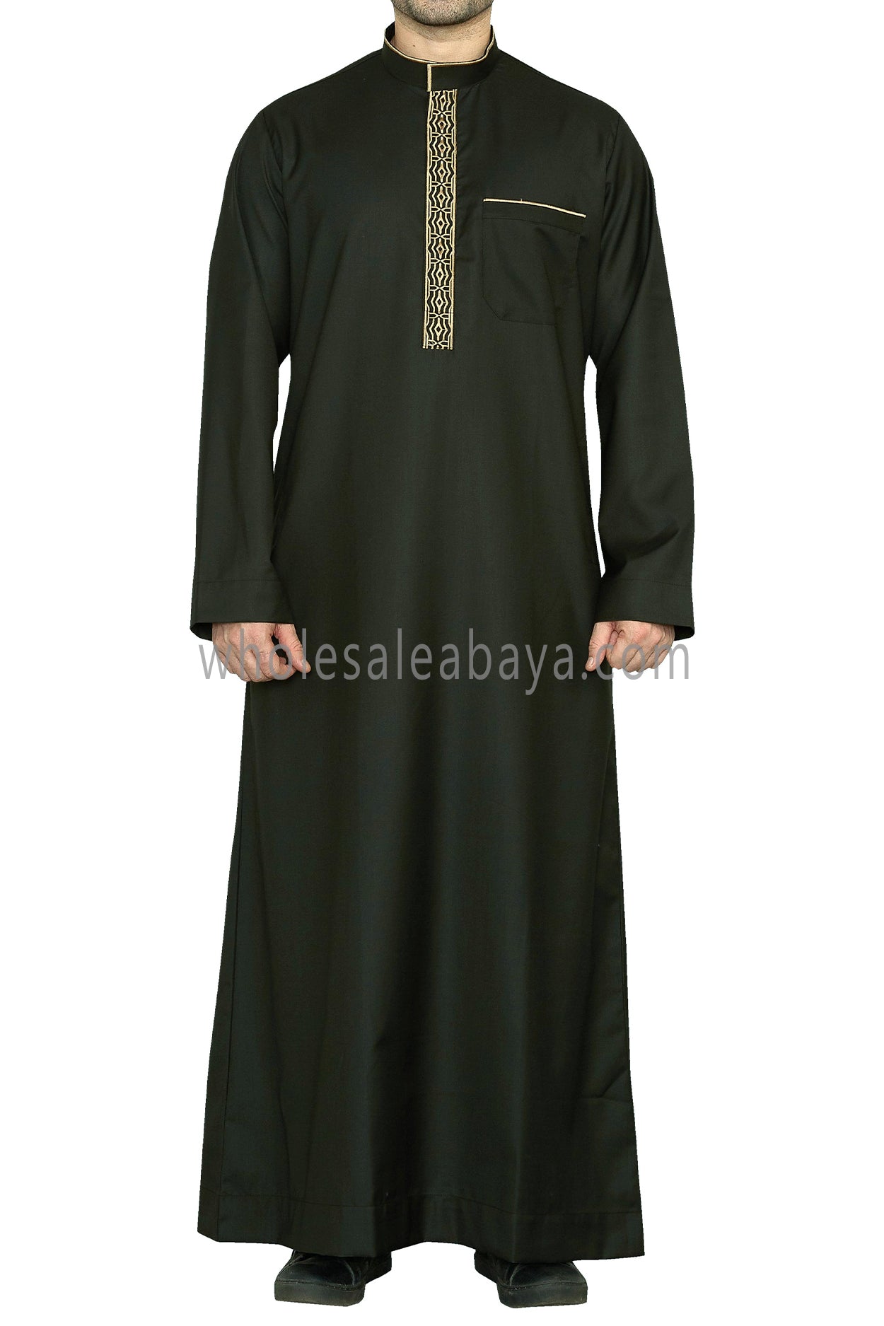 Elegant Men's Collar Thoube With Embroidery Khaki Green