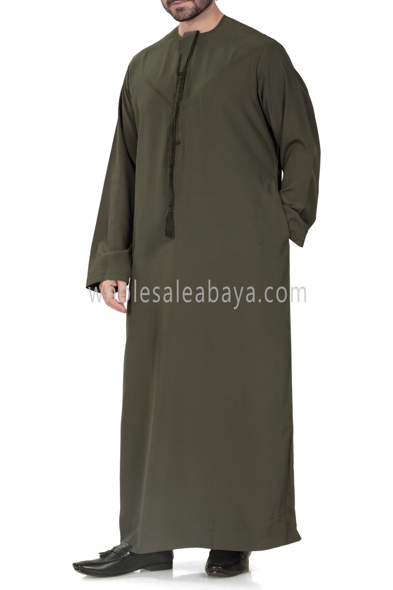 Men's Premium Emirati Thoube With Zip and Tassel Khaki Green