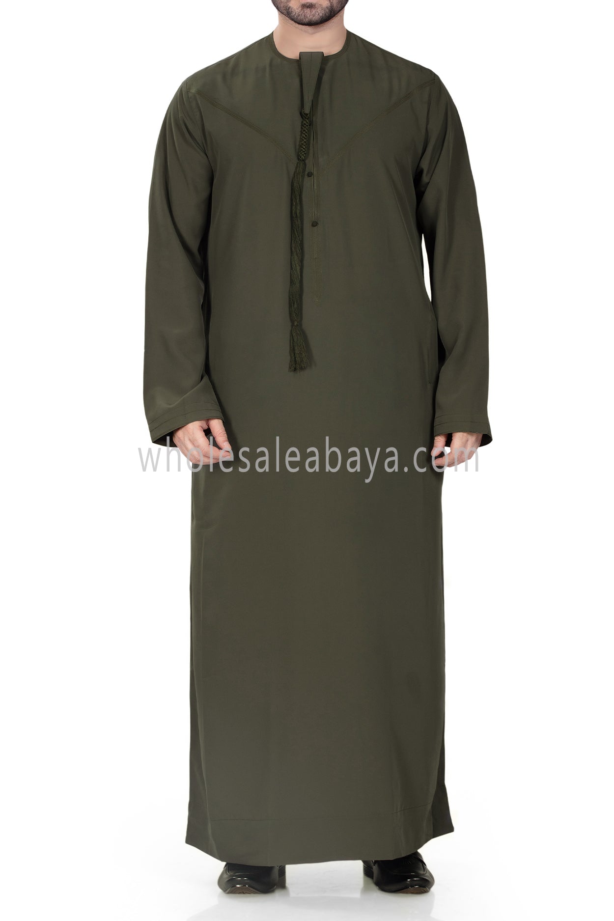 Men's Premium Emirati Thoube With Zip and Tassel Khaki Green