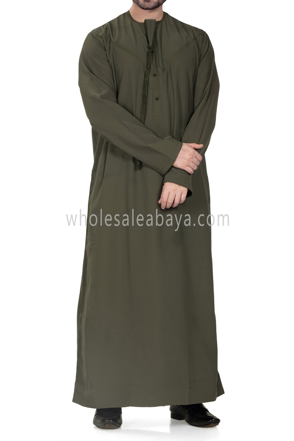 Men's Premium Emirati Thoube With Zip and Tassel Khaki Green