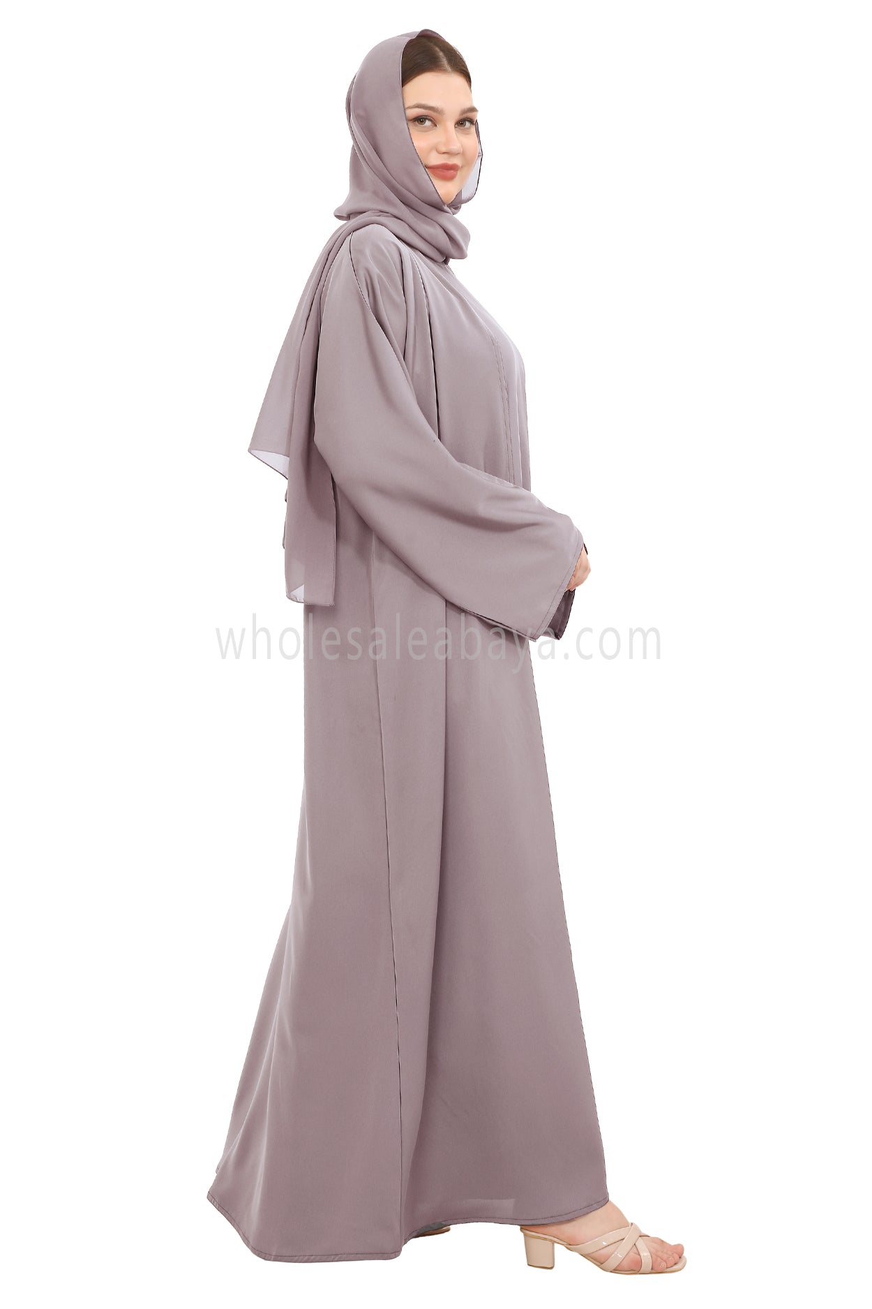 Front Open Nida Abaya With A Single Button 30051 Lilac Grey
