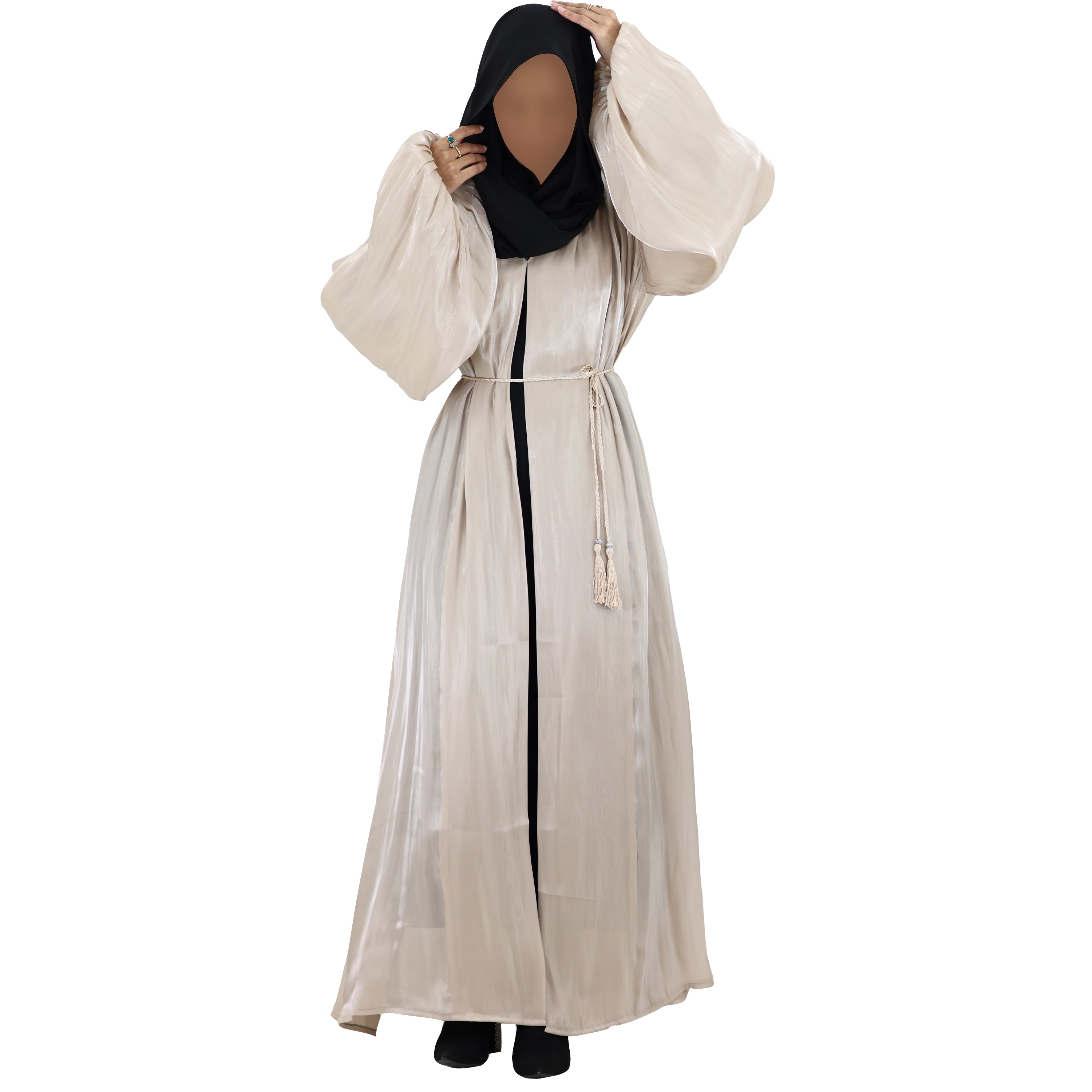 Women's Premium Organza Abaya With Balloon Sleeves Beige