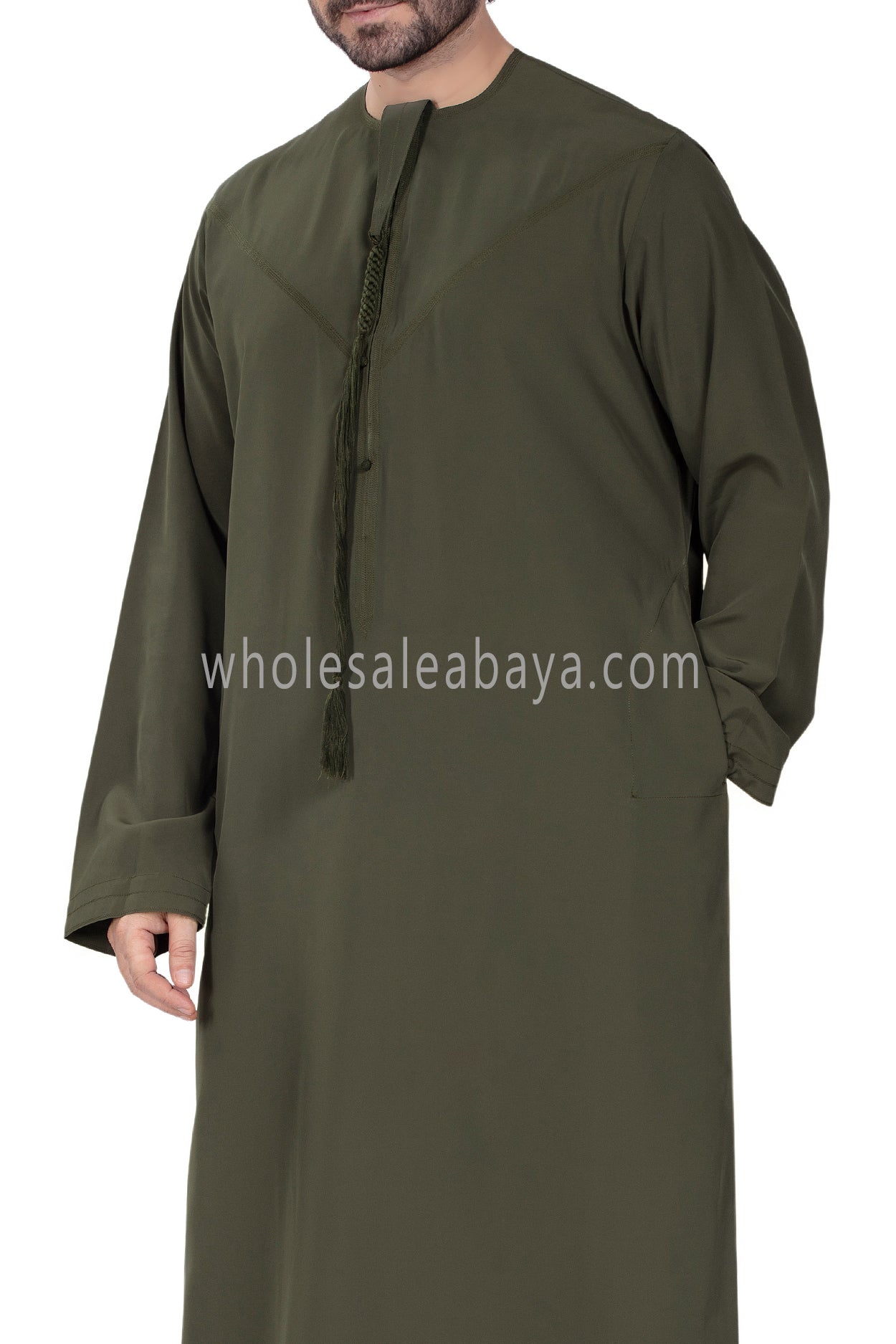 Men's Premium Emirati Thoube With Zip and Tassel Khaki Green