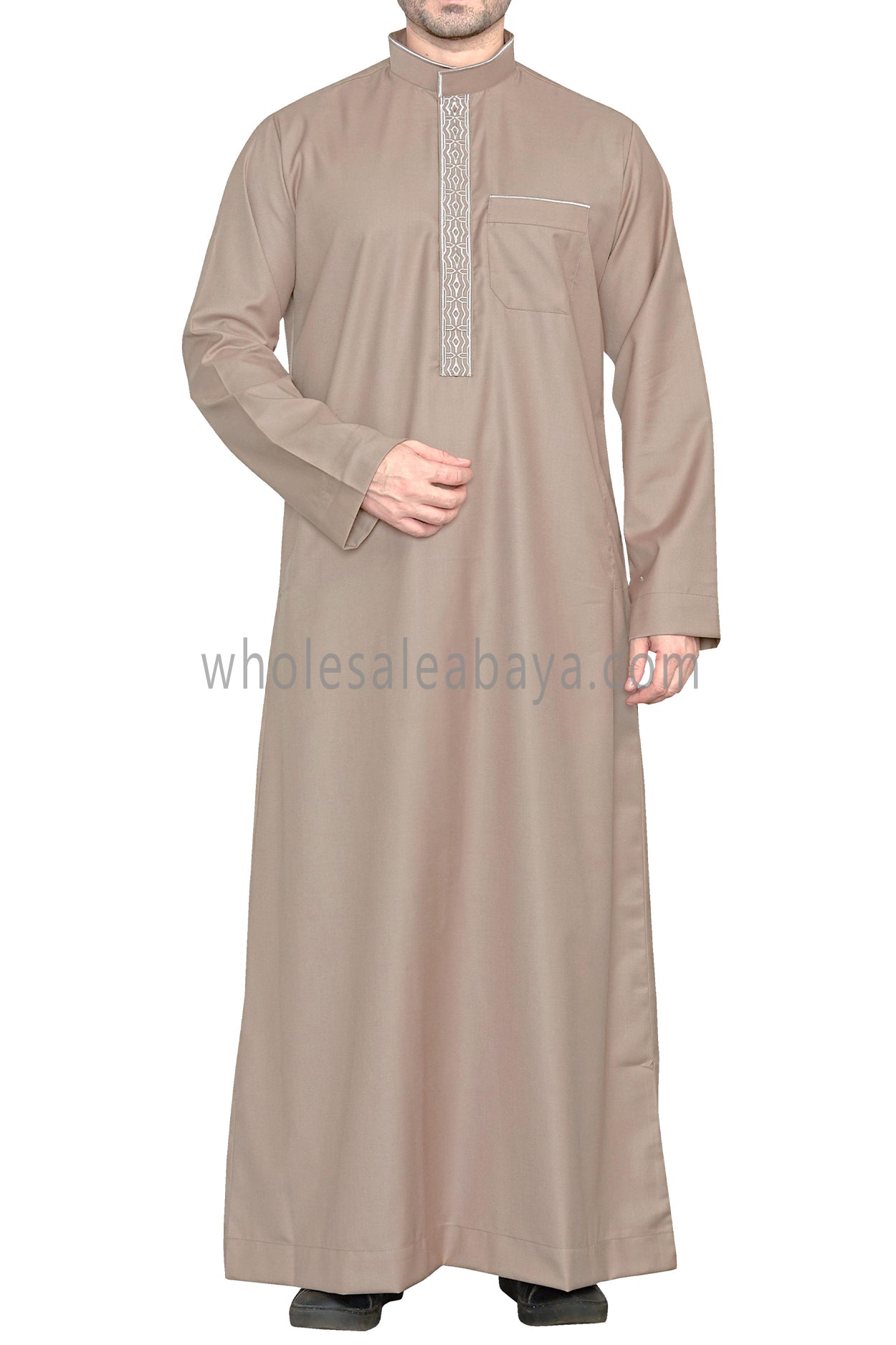 Elegant Men's Collar Thoube With Embroidery Caramel Brown