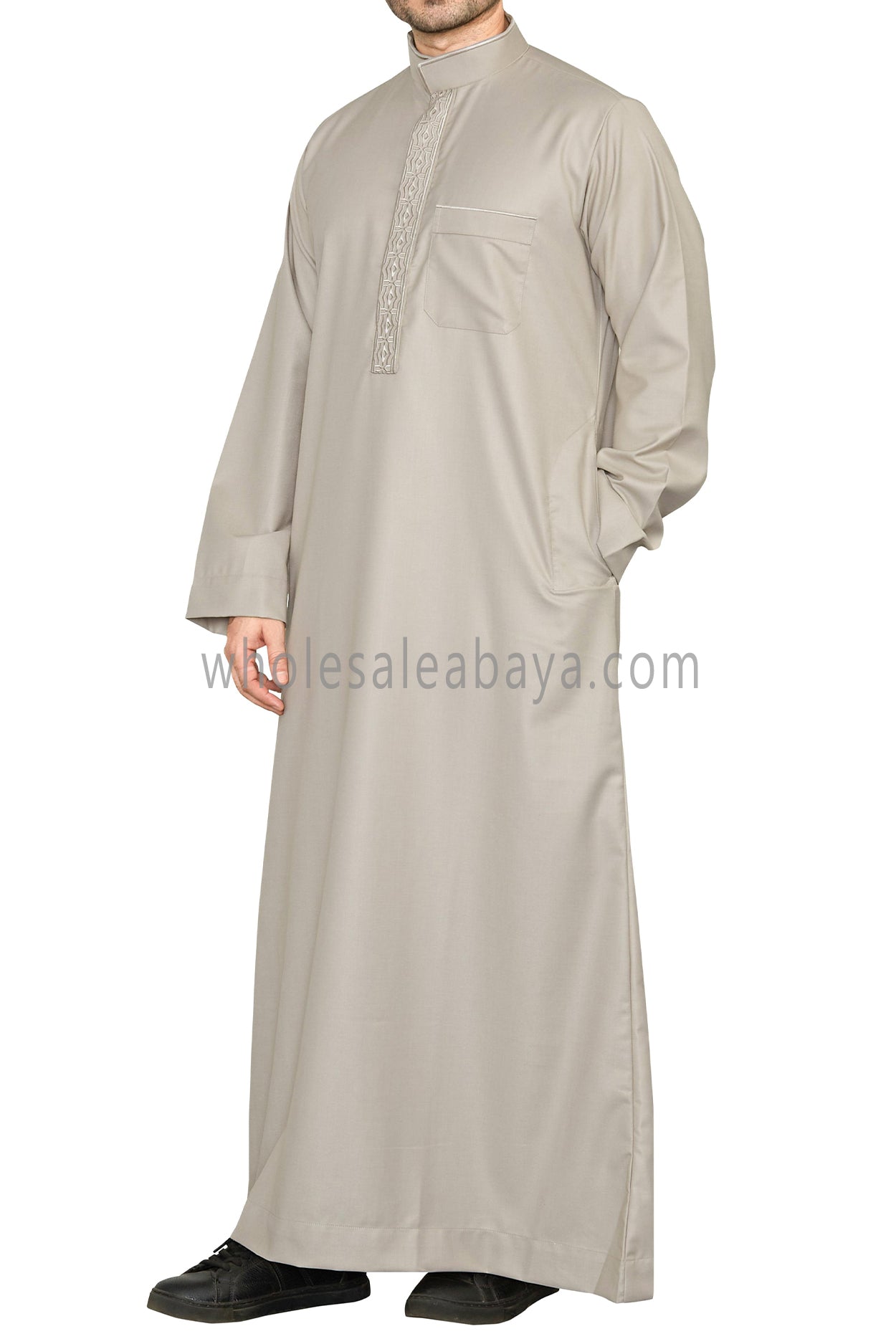 Elegant Men's Collar Thoube With Embroidery Stone Beige