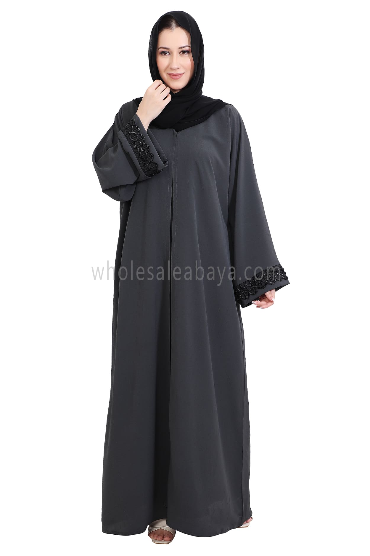 Open Abaya With Embellished Lace on the Sleeves