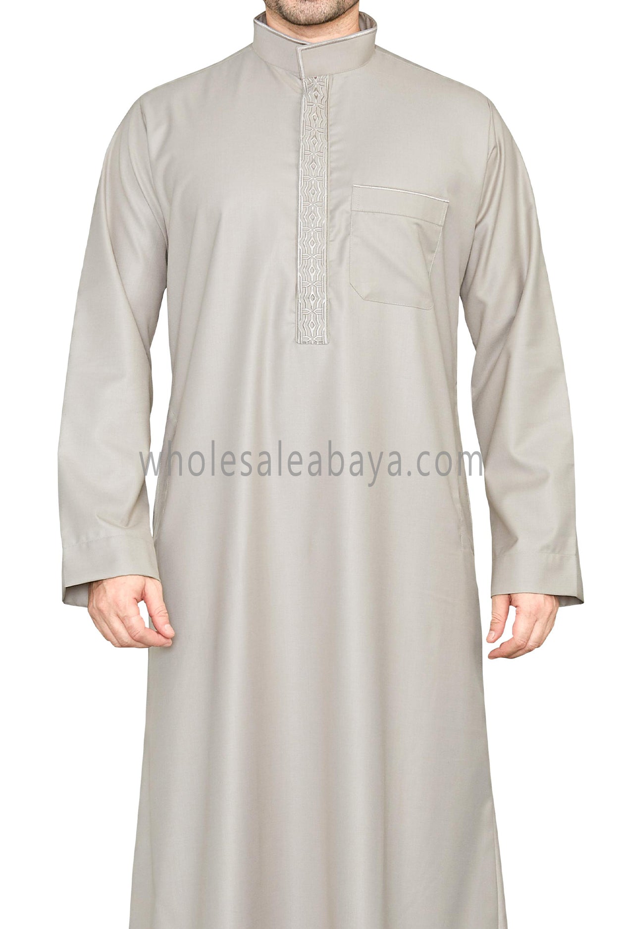 Elegant Men's Collar Thoube With Embroidery Stone Beige