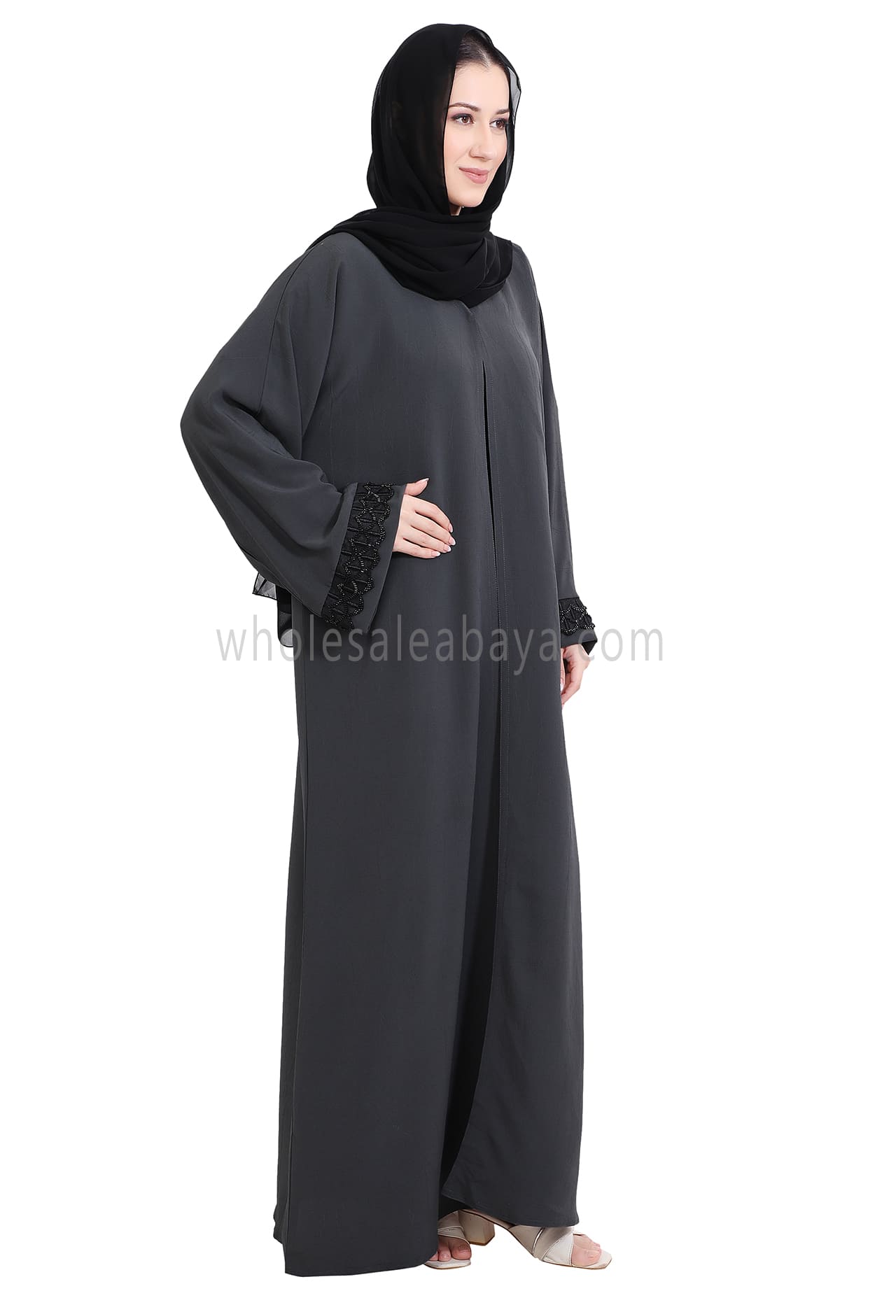 Open Abaya With Embellished Lace on the Sleeves