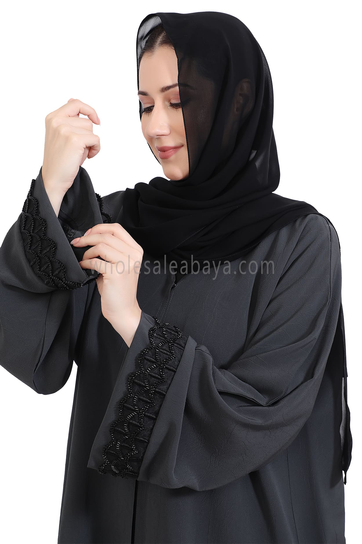 Open Abaya With Embellished Lace on the Sleeves