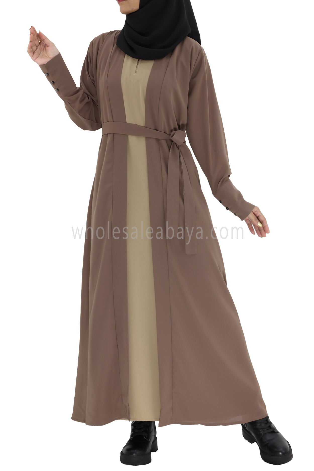 2 In One Front Open Abaya With Inner Slip Taupe Brown