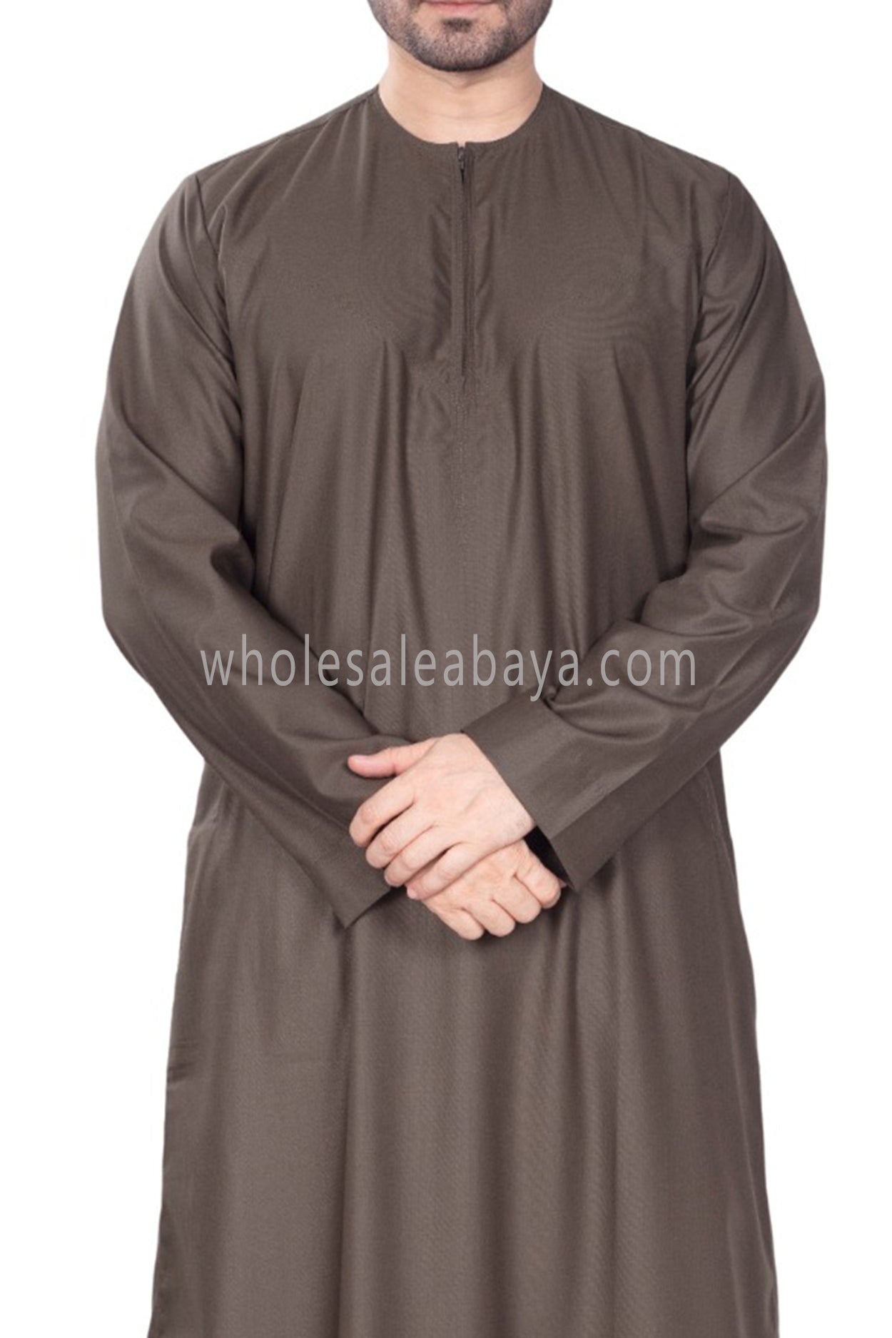Men's Classic Plain Omani Thoube With Front Zip Dark Brown