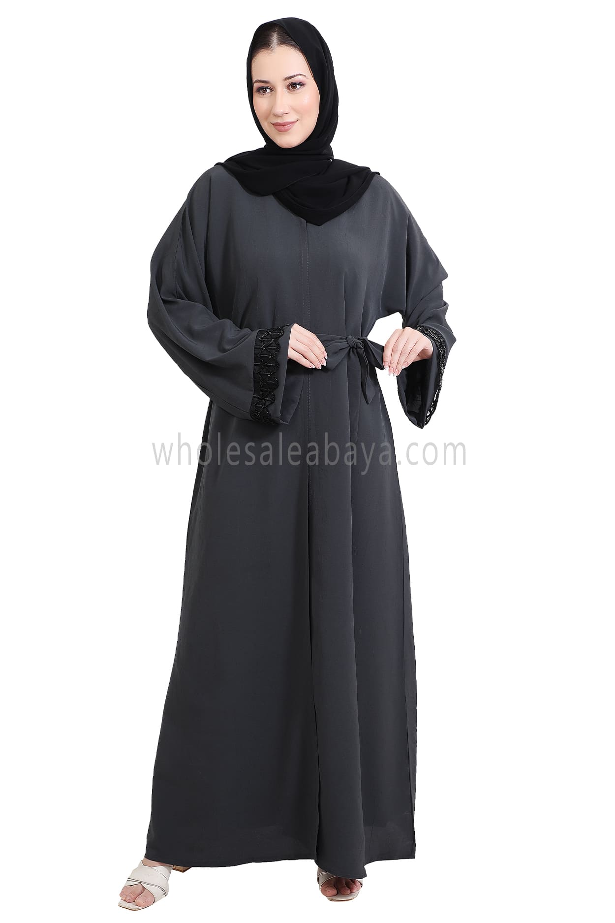 Open Abaya With Embellished Lace on the Sleeves