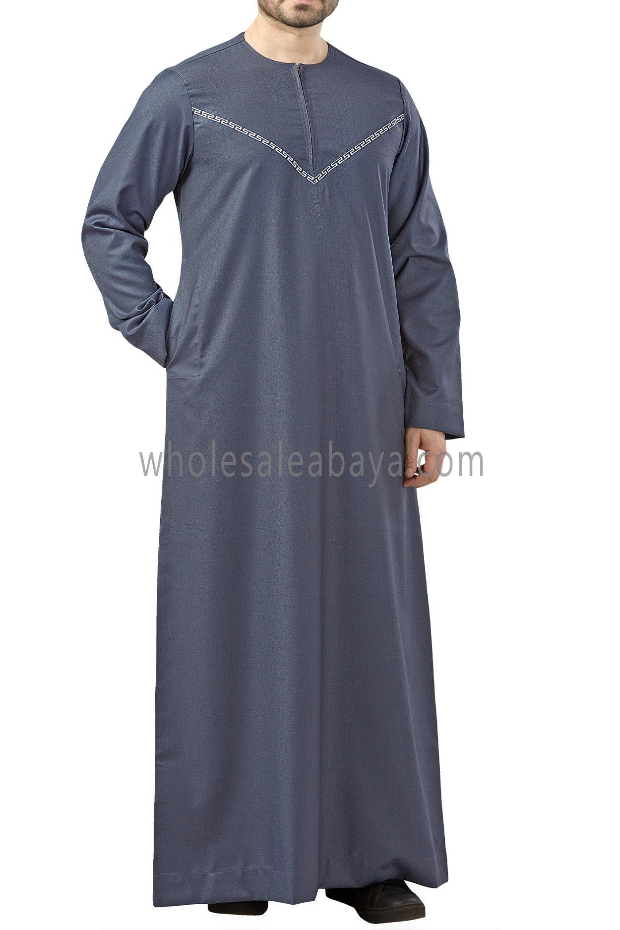 Premium Omani Thoubes with Embroidered "V" Stitching Blue Grey and White