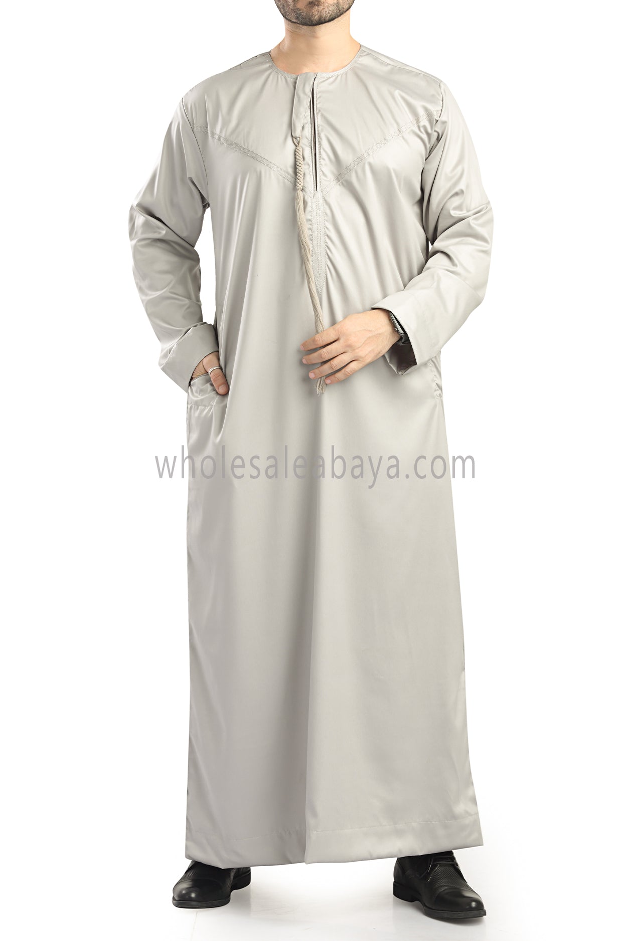 Men's Shiny Omani Thoube with Designer Tassel Stone Beige