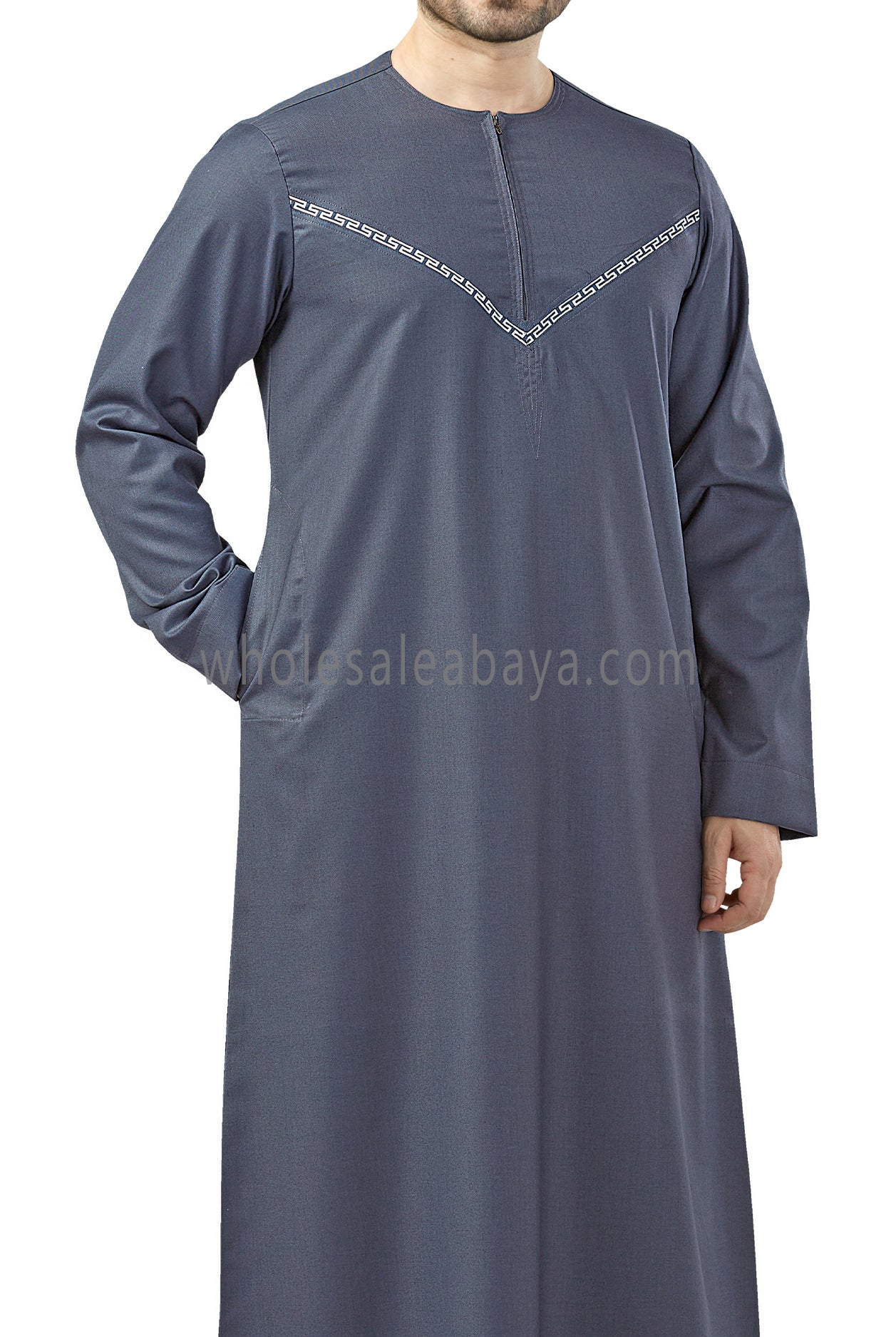 Premium Omani Thoubes with Embroidered "V" Stitching Blue Grey and White