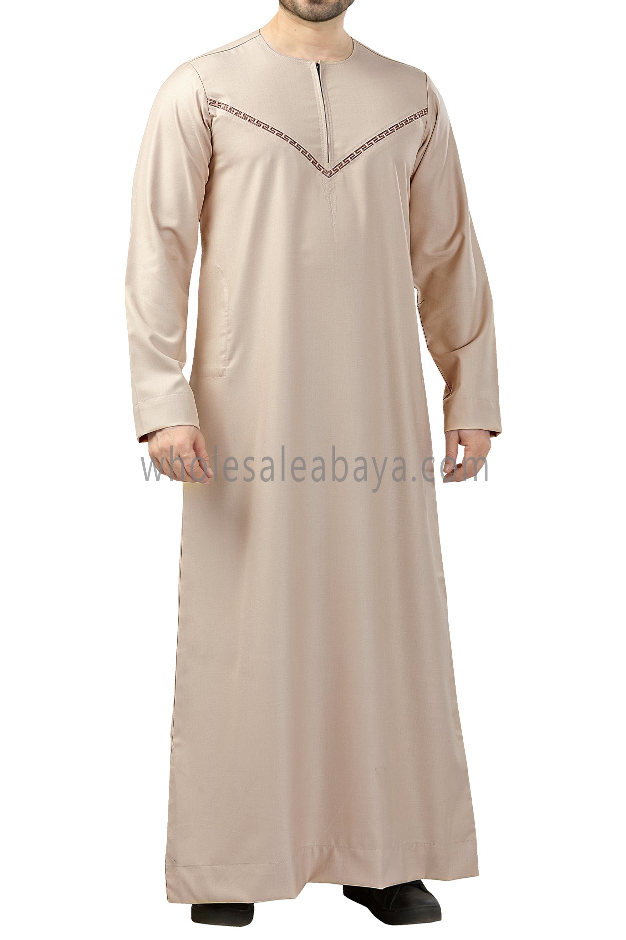 Premium Omani Thoubes with Embroidered "V" Stitching Cream and Brown