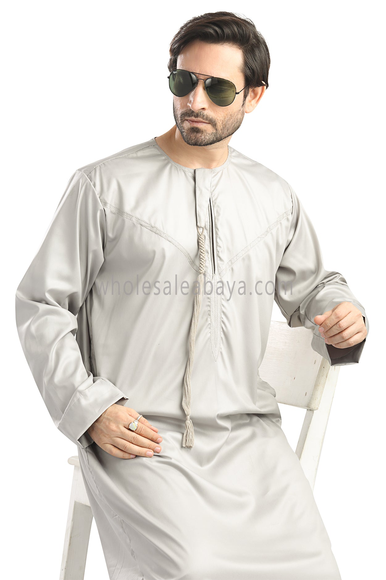 Men's Shiny Omani Thoube with Designer Tassel Stone Beige