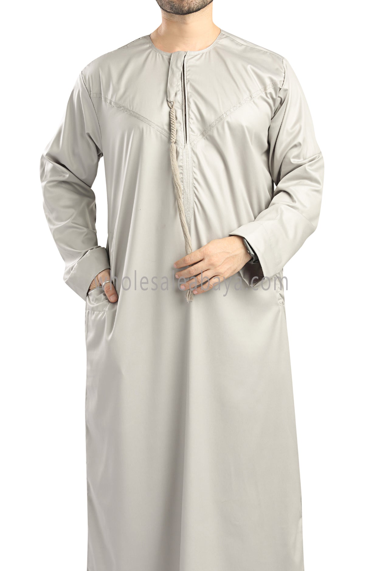 Men's Shiny Omani Thoube with Designer Tassel Stone Beige