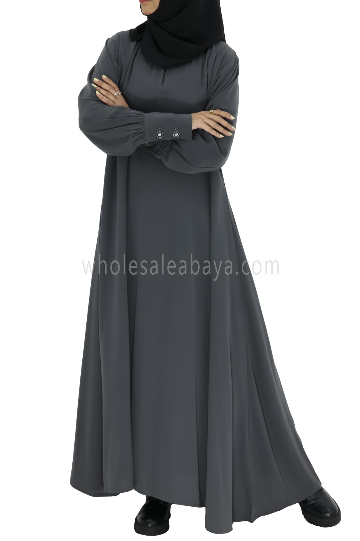 Women's Umbrella Abaya with Cuffed Sleeves Charcoal Grey