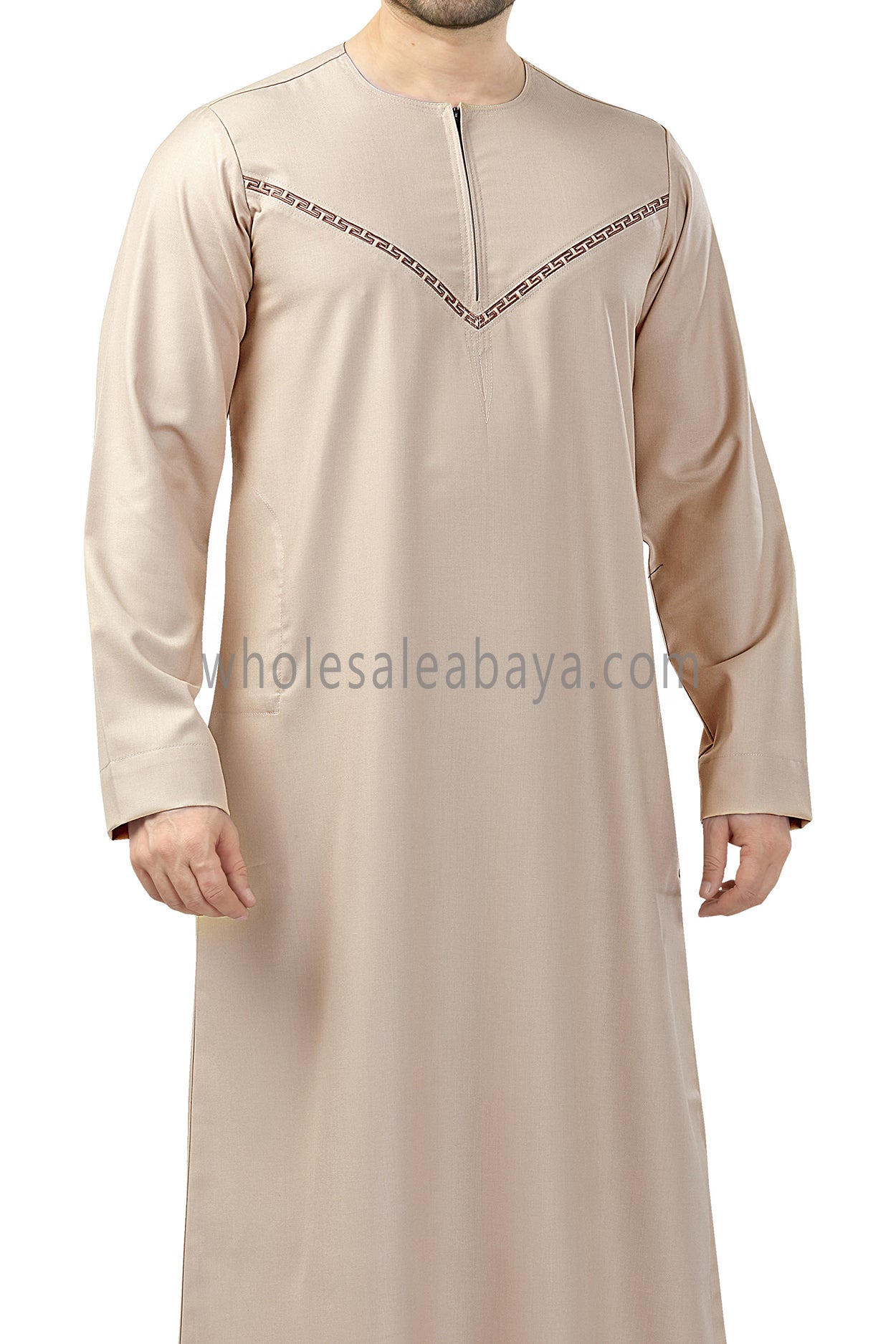 Premium Omani Thoubes with Embroidered "V" Stitching Cream and Brown