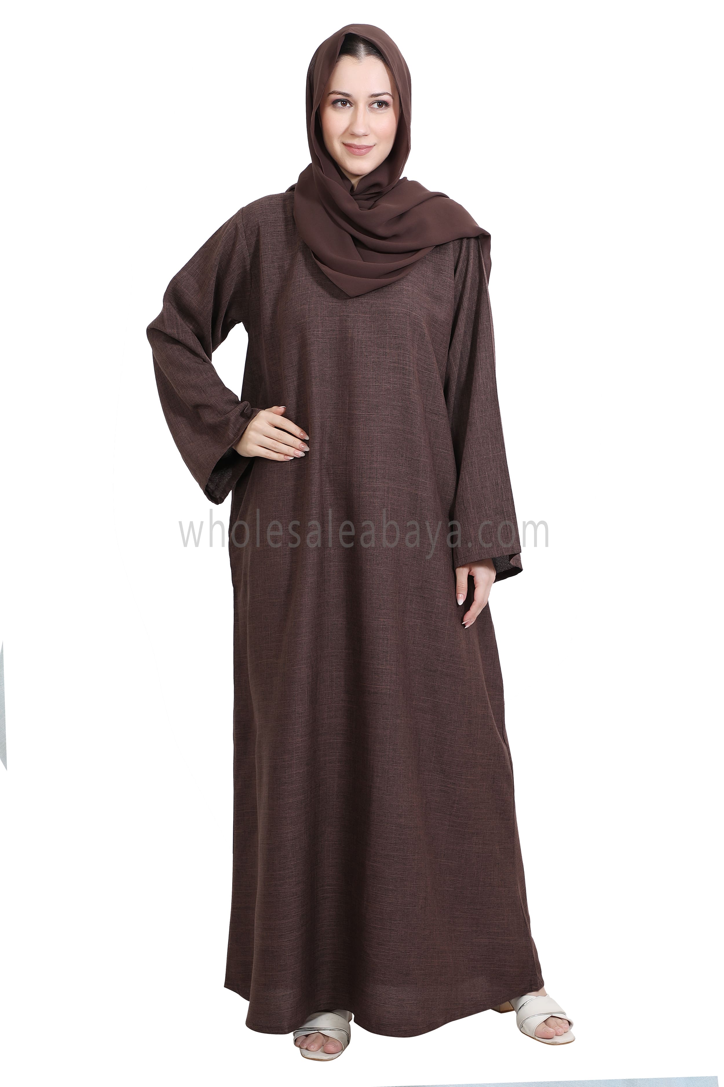 Melange Linen Closed Abaya With Wide Sleeves