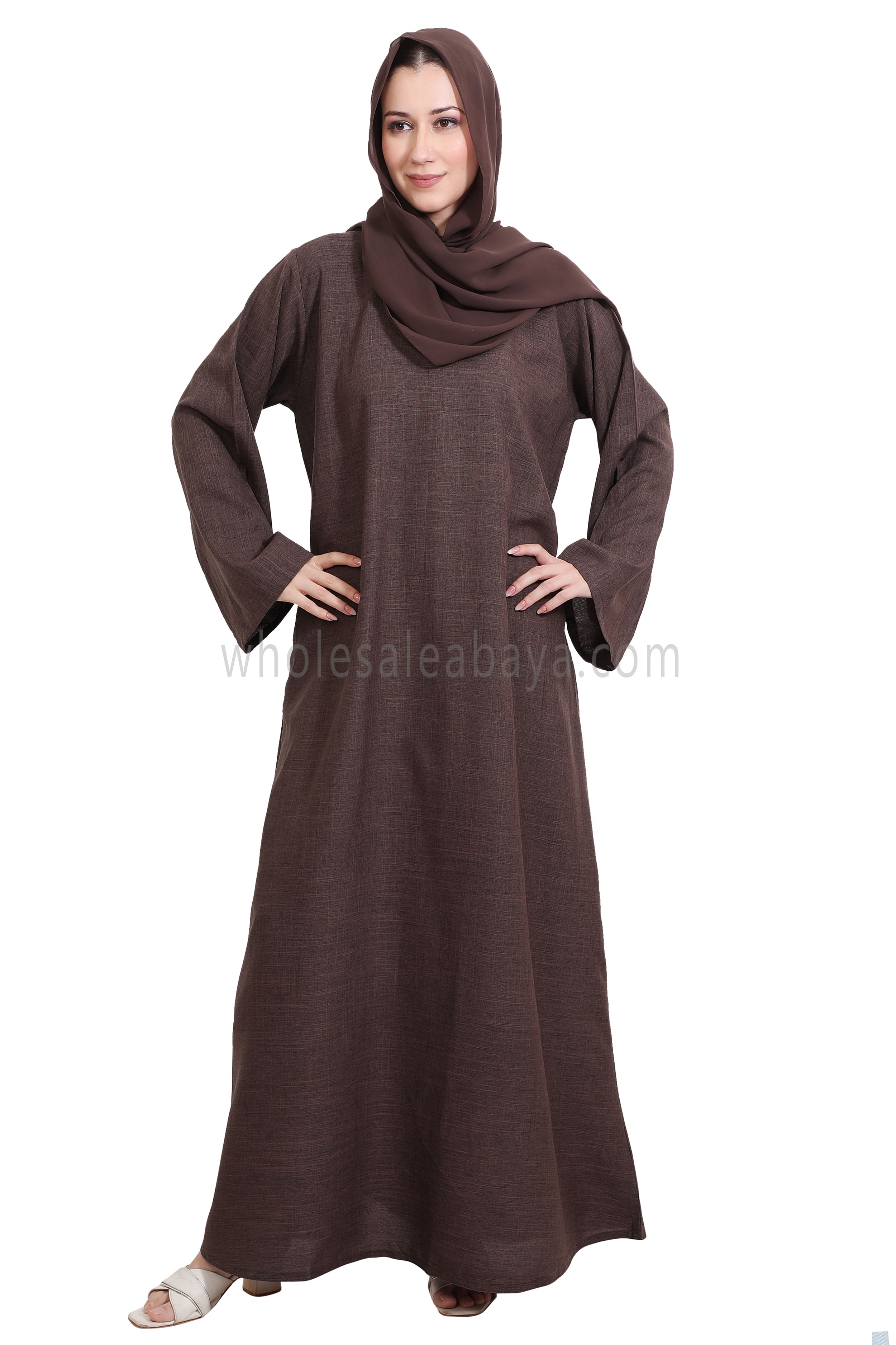 Melange Linen Closed Abaya With Wide Sleeves