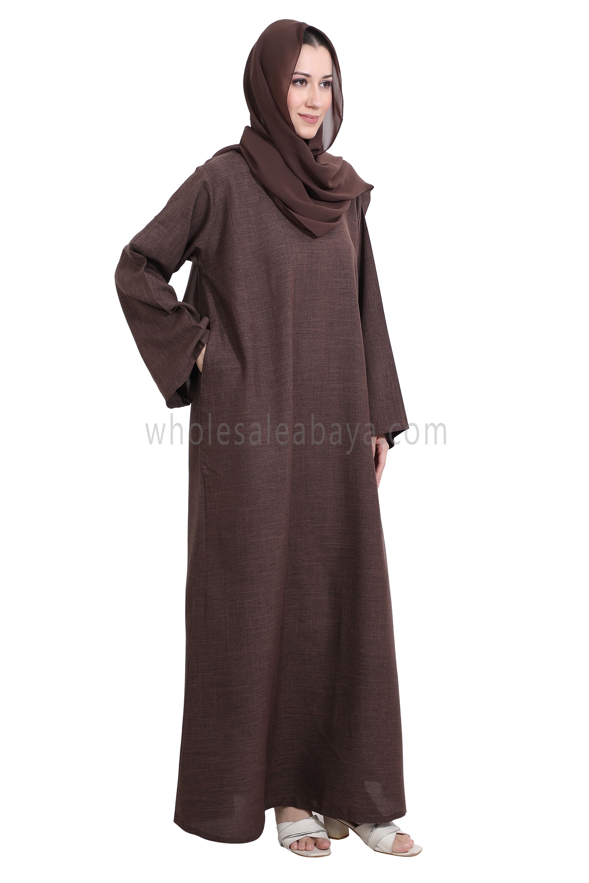 Melange Linen Closed Abaya With Wide Sleeves