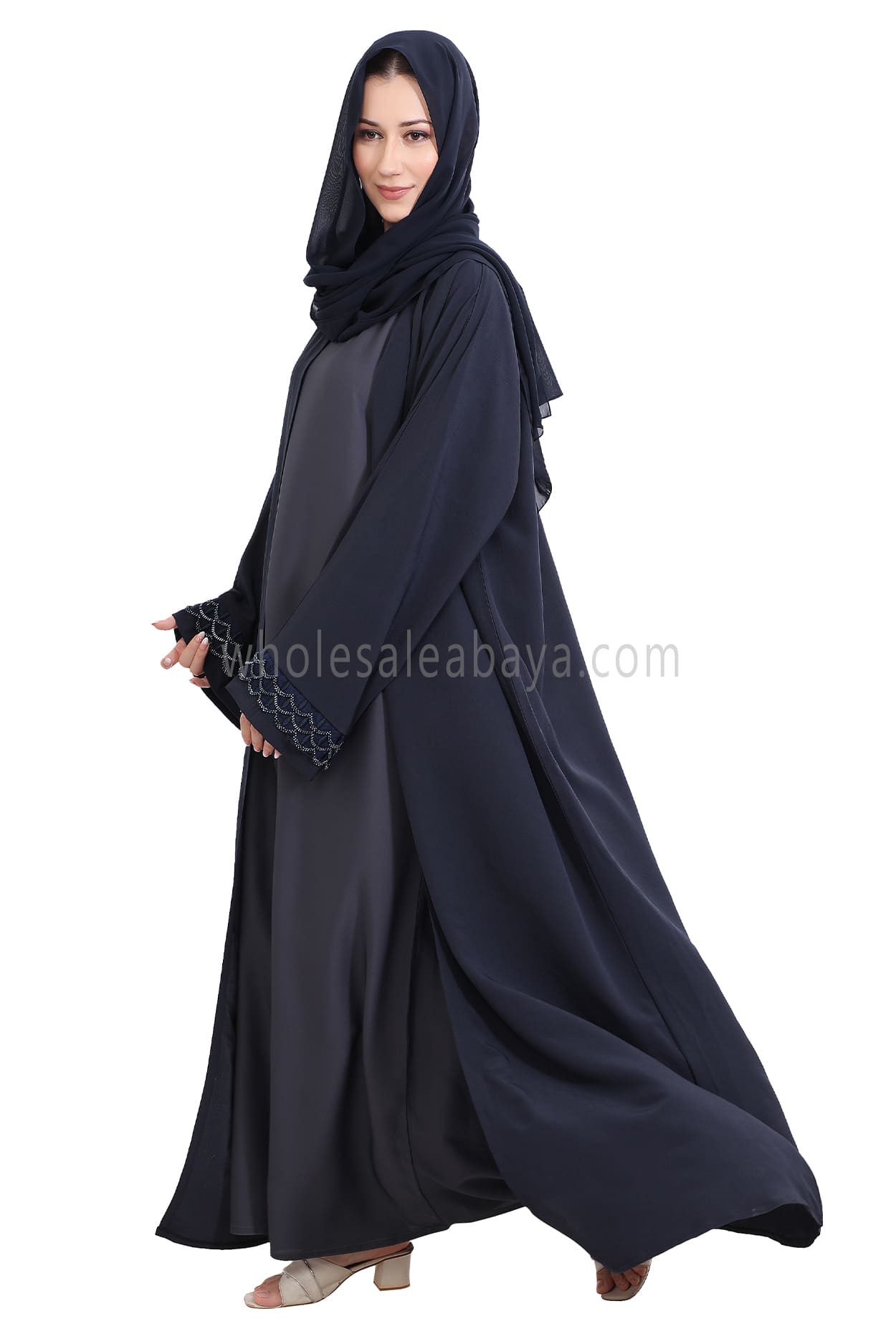 Open Abaya With Embellished Lace on the Sleeves