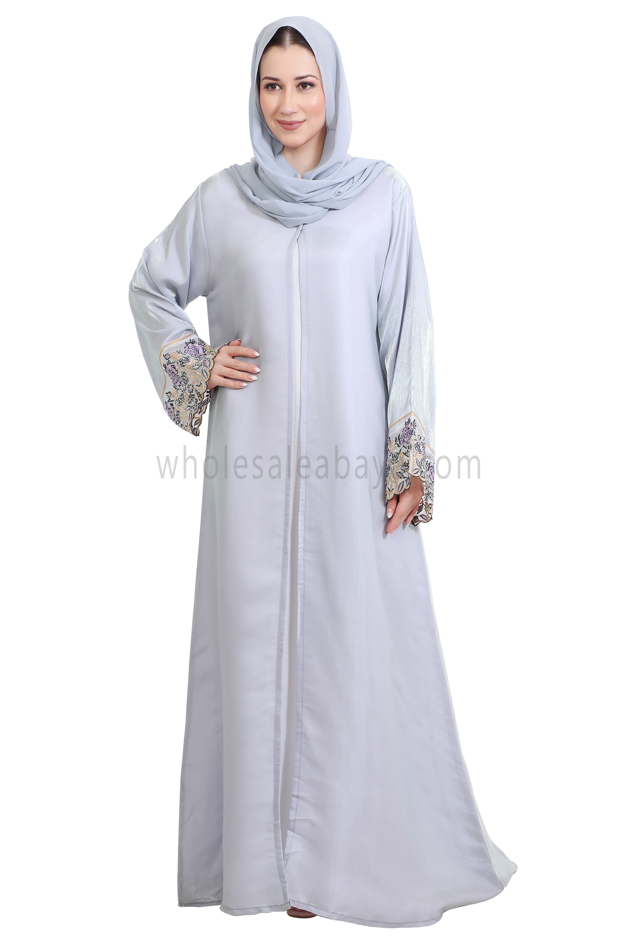 Shimmer Open Abaya With Embellished Lace on the Sleeves
