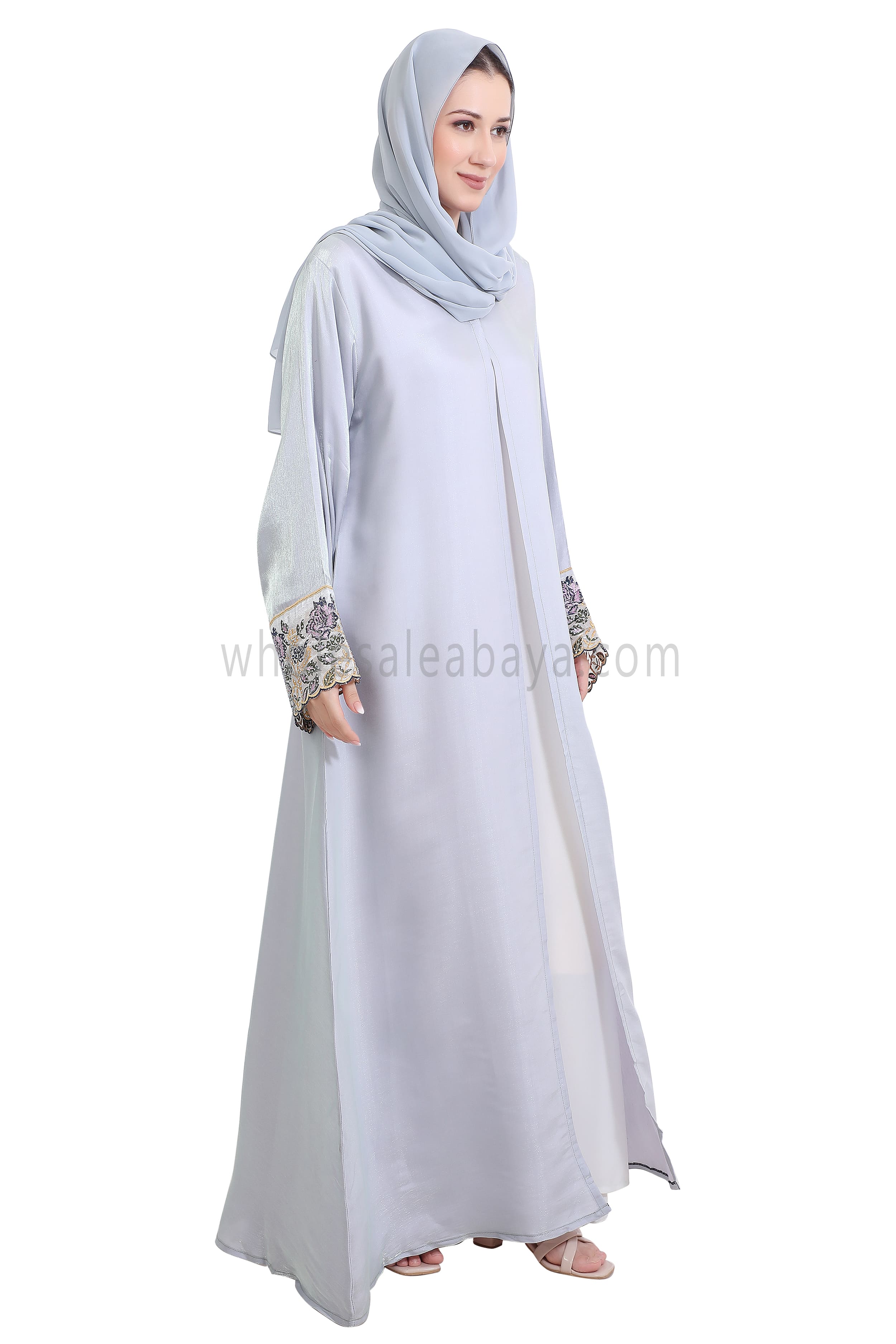 Shimmer Open Abaya With Embellished Lace on the Sleeves