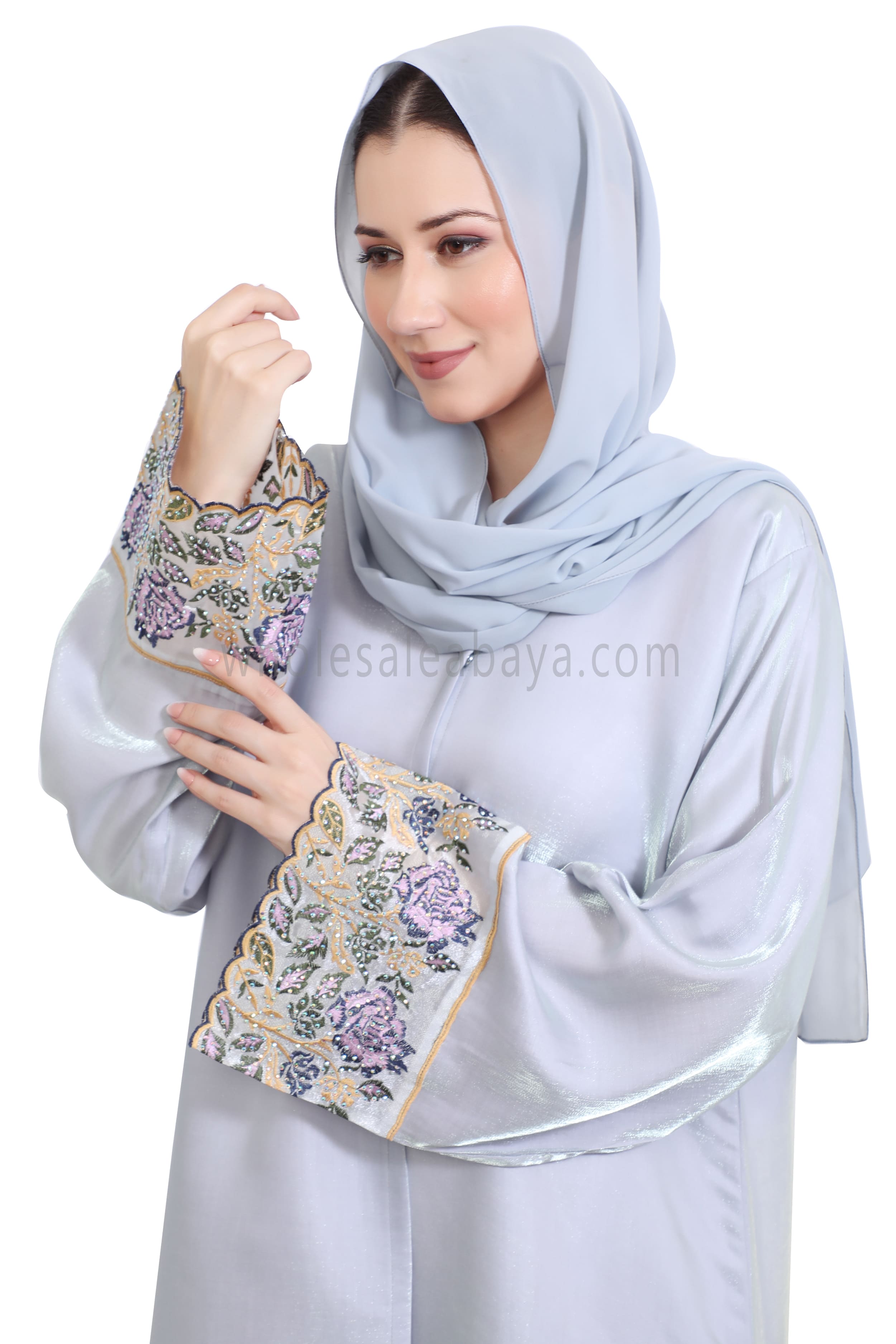 Shimmer Open Abaya With Embellished Lace on the Sleeves
