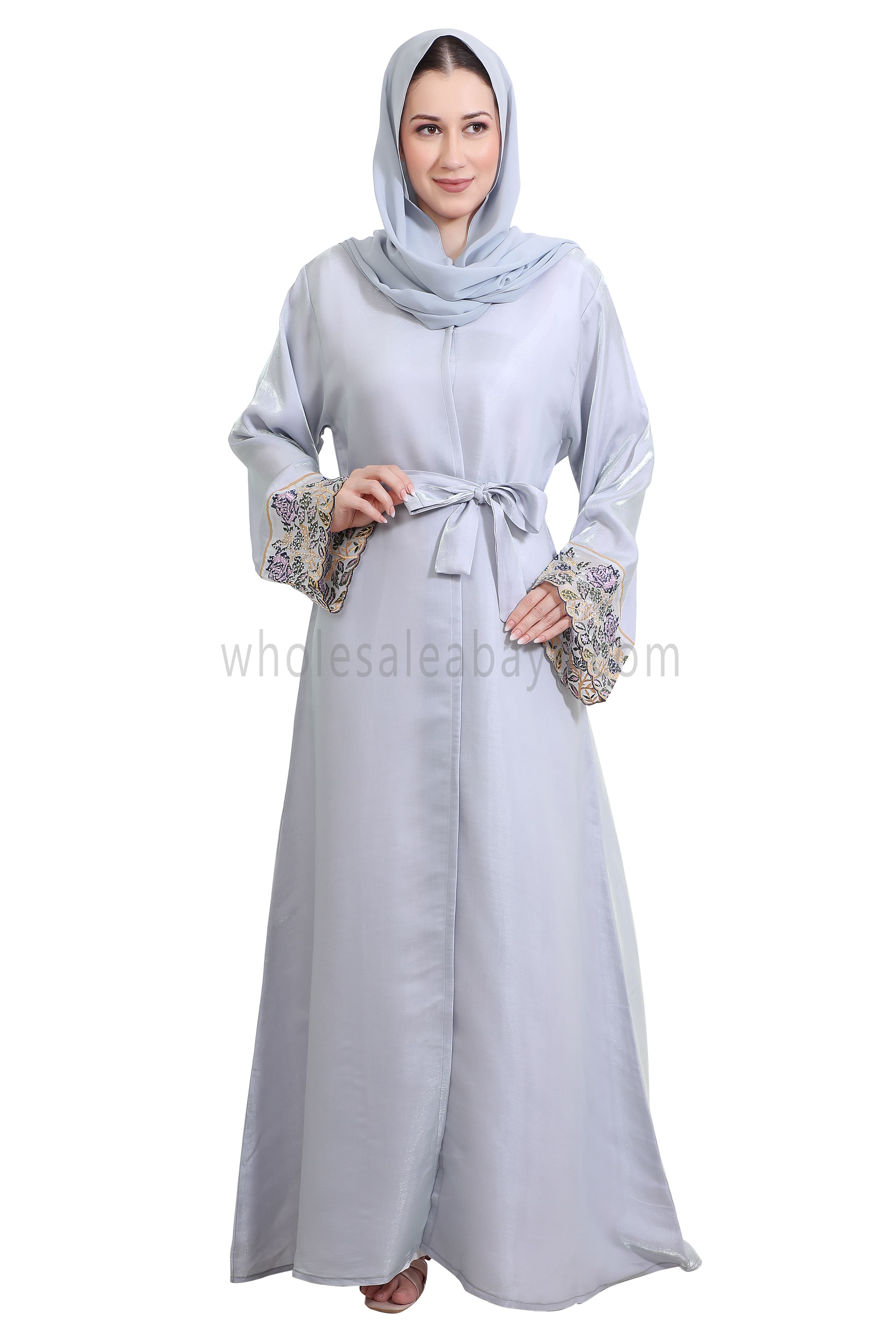 Shimmer Open Abaya With Embellished Lace on the Sleeves