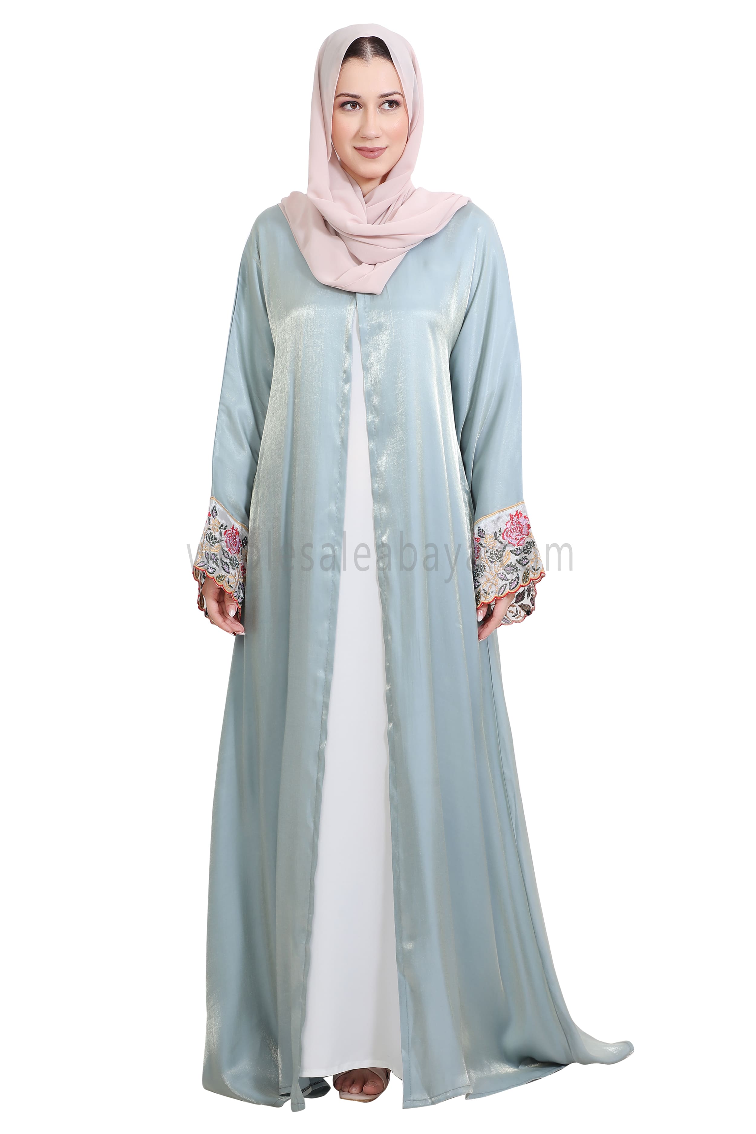 Shimmer Open Abaya With Embellished Lace on the Sleeves